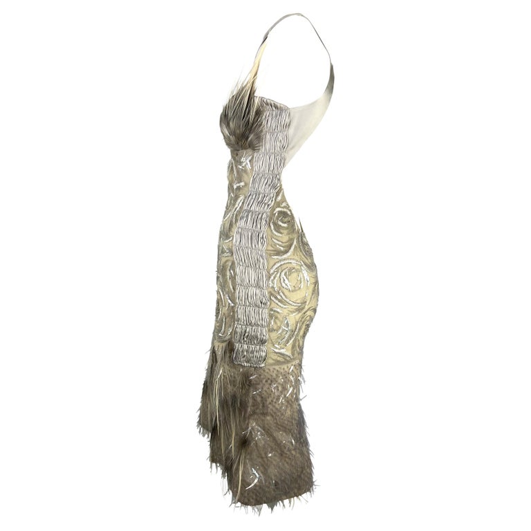 Brown S/S 2004 Gucci by Tom Ford Feather Rhinestone Silver Silk Backless Dress For Sale