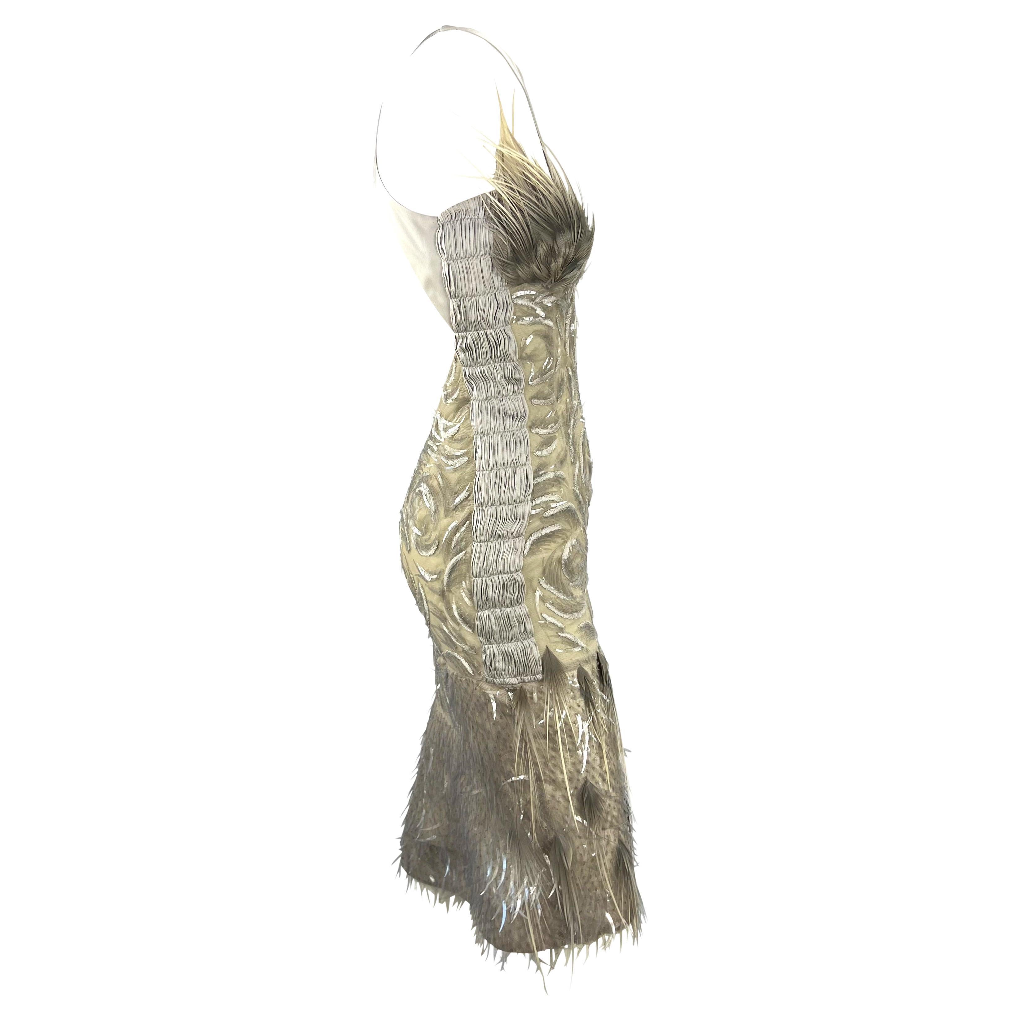 S/S 2004 Gucci by Tom Ford Feather Rhinestone Silver Silk Backless Dress In Excellent Condition In West Hollywood, CA