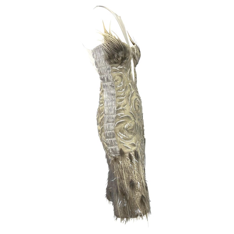 S/S 2004 Gucci by Tom Ford Feather Rhinestone Silver Silk Backless Dress For Sale 1