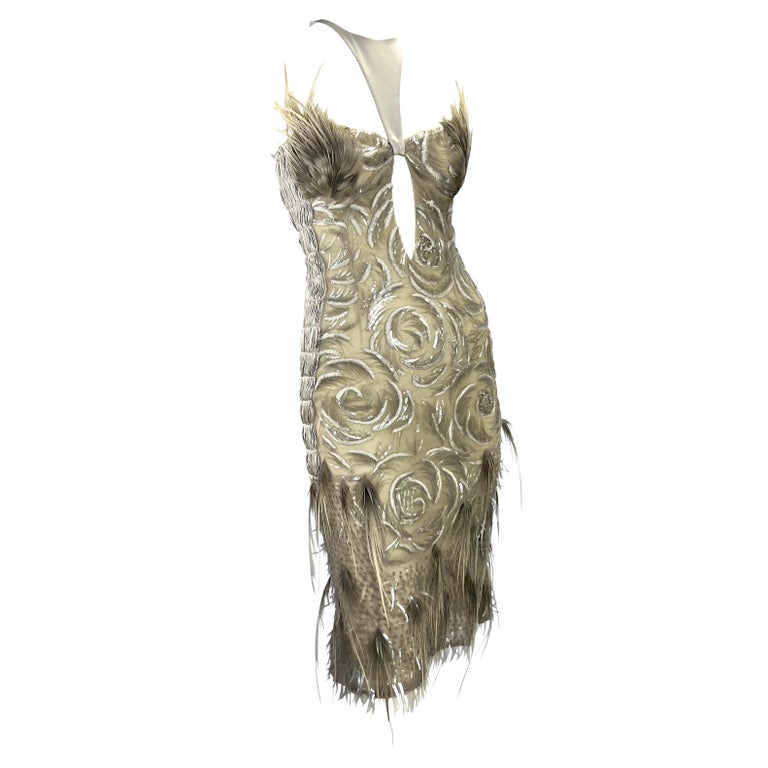 S/S 2004 Gucci by Tom Ford Feather Rhinestone Silver Silk Backless Dress For Sale 2