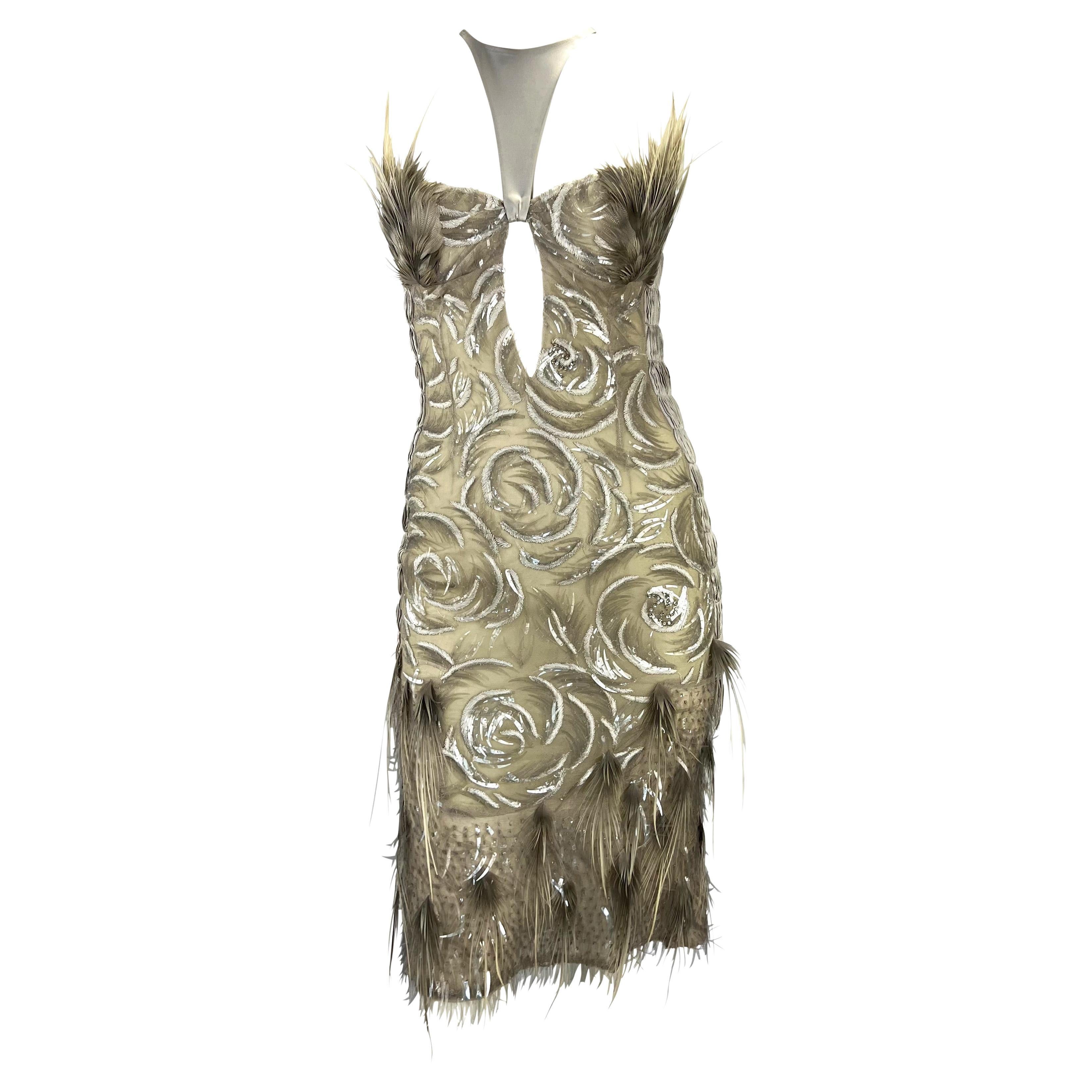 S/S 2004 Gucci by Tom Ford Feather Rhinestone Silver Silk Backless Dress