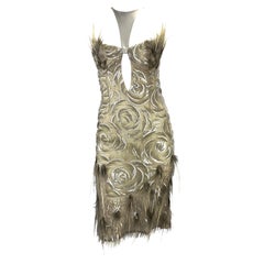 S/S 2004 Gucci by Tom Ford Feather Rhinestone Silver Silk Backless Dress