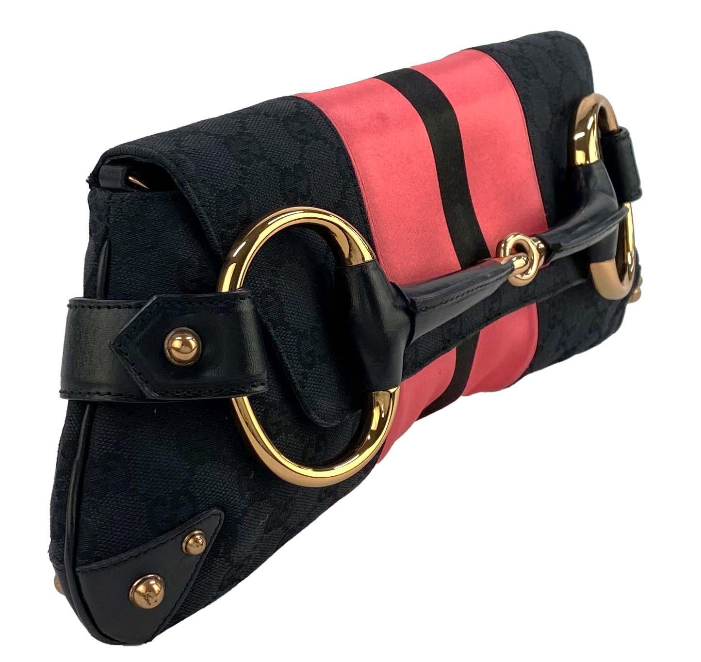 Black S/S 2004 Gucci by Tom Ford Ad GG Pink Satin Large Horsebit Convertible Clutch