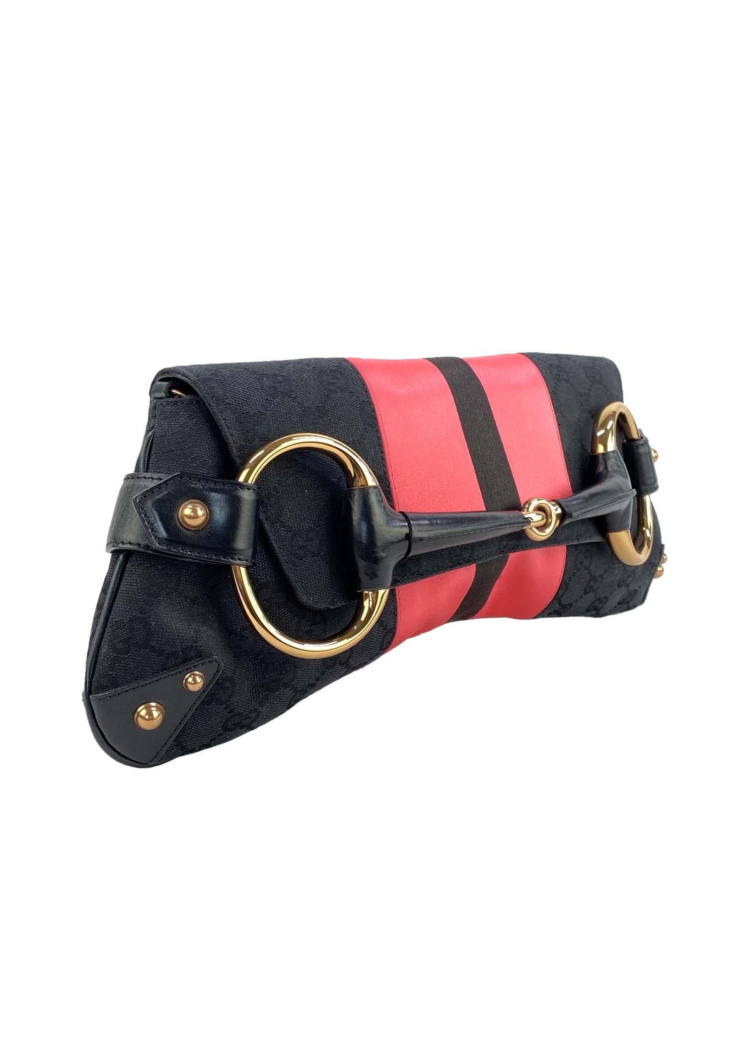 S/S 2004 Gucci by Tom Ford Ad GG Pink Satin Large Horsebit Convertible Clutch In Good Condition In West Hollywood, CA