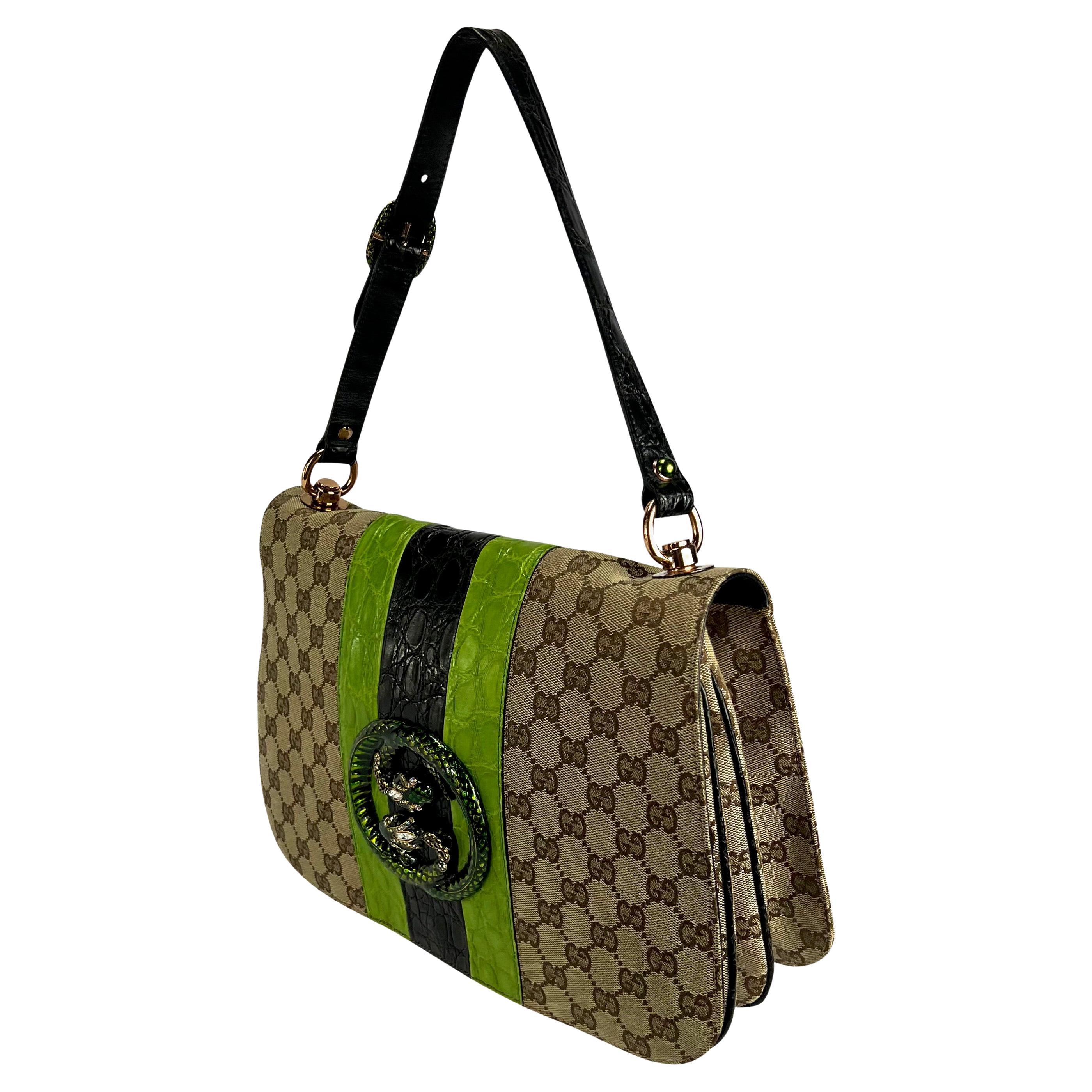 Brown S/S 2004 Gucci by Tom Ford Green Crocodile Accented GG Canvas Snake Shoulder Bag