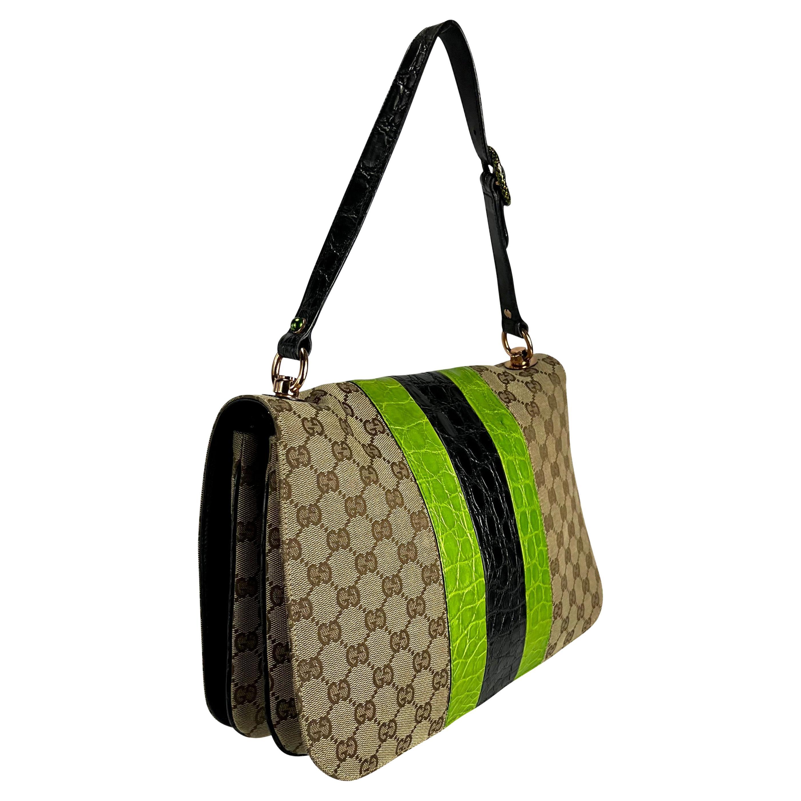 Women's S/S 2004 Gucci by Tom Ford Green Crocodile Accented GG Canvas Snake Shoulder Bag