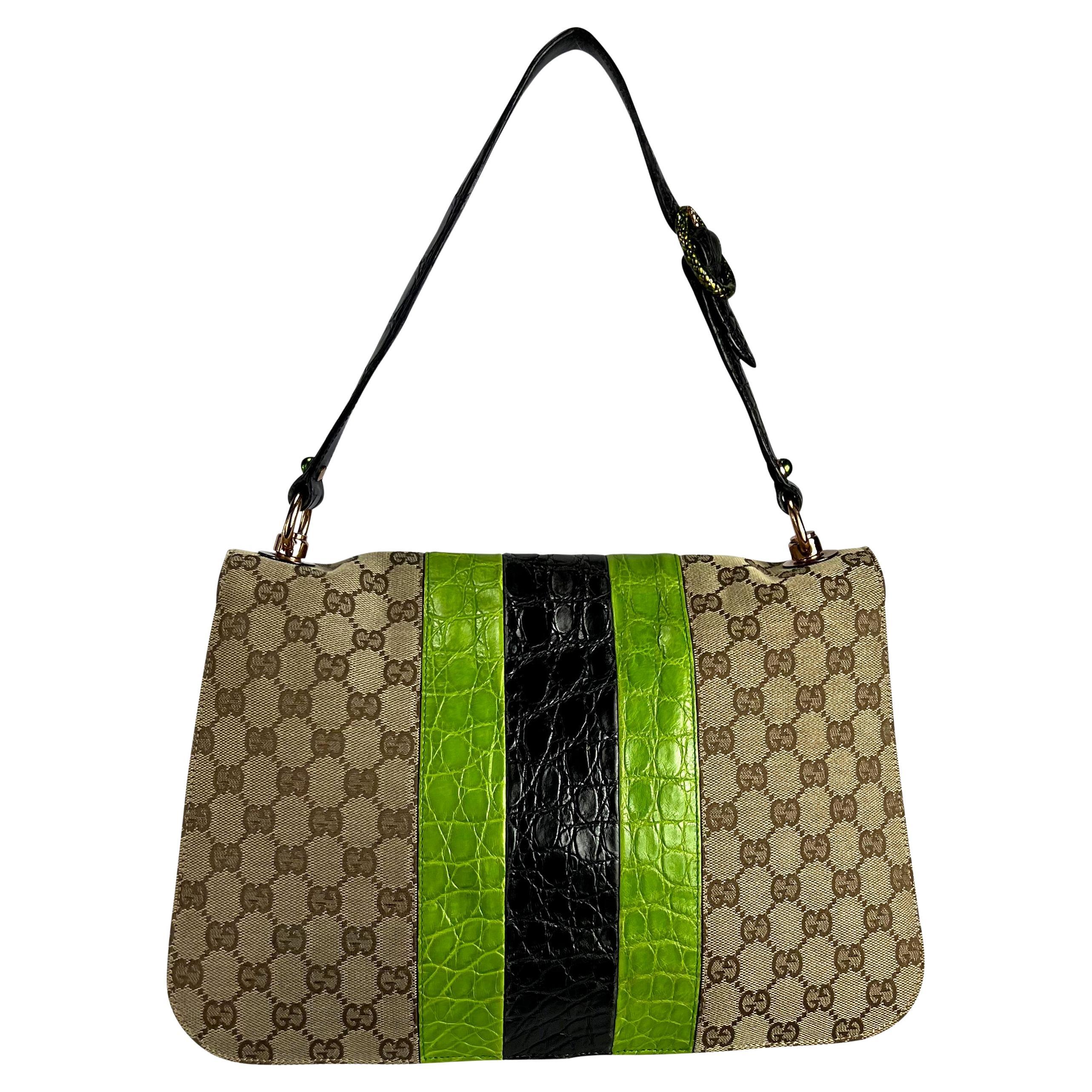 S/S 2004 Gucci by Tom Ford Green Crocodile Accented GG Canvas Snake Shoulder Bag 1