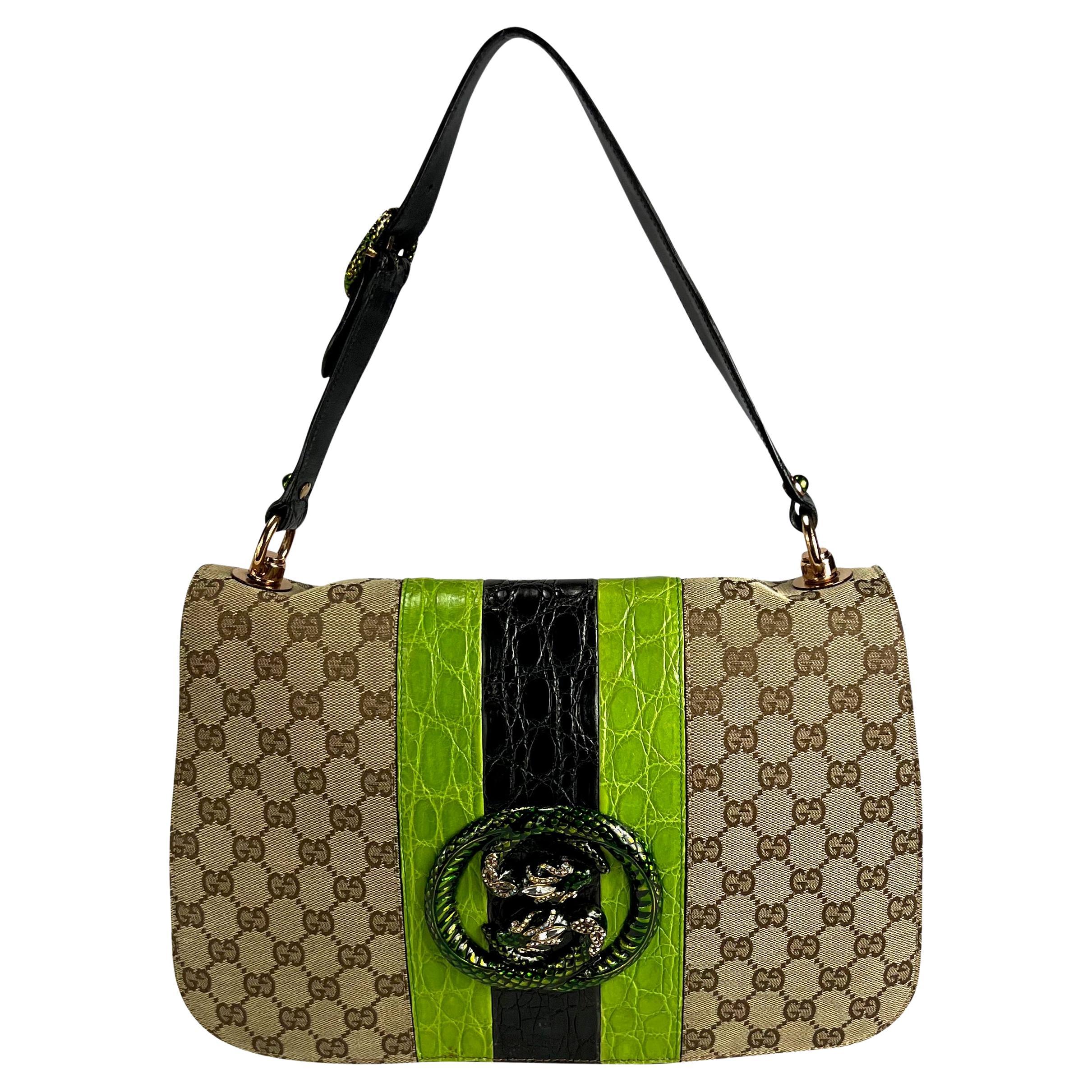 S/S 2004 Gucci by Tom Ford Green Crocodile Accented GG Canvas Snake Shoulder Bag