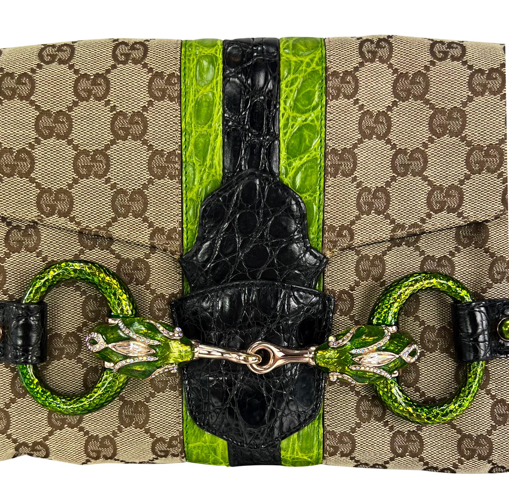 Black S/S 2004 Gucci by Tom Ford Green Crocodile Rhinestone GG Horsebit Shoulder Bag For Sale