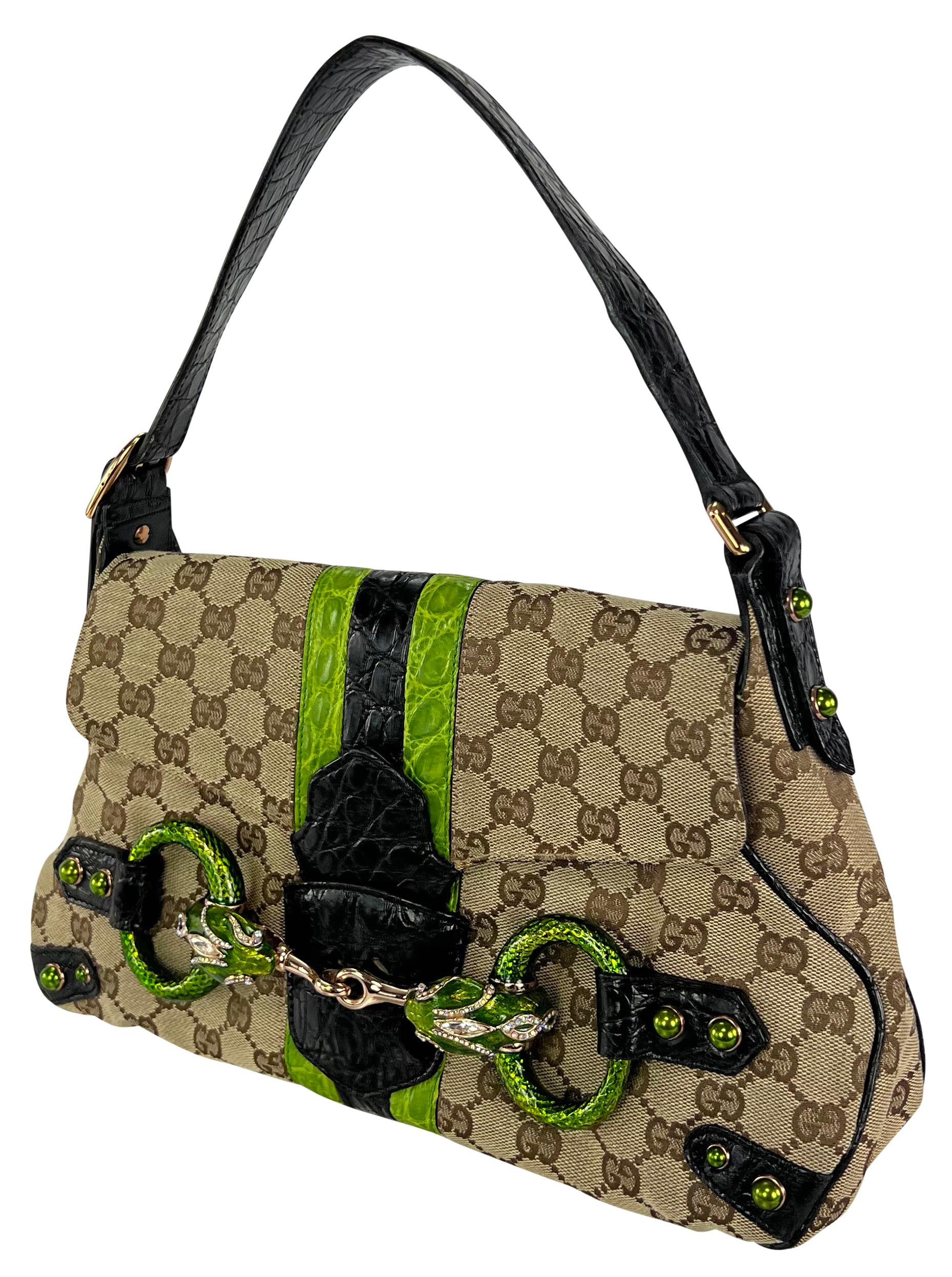 S/S 2004 Gucci by Tom Ford Green Crocodile Rhinestone GG Horsebit Shoulder Bag In Excellent Condition For Sale In West Hollywood, CA
