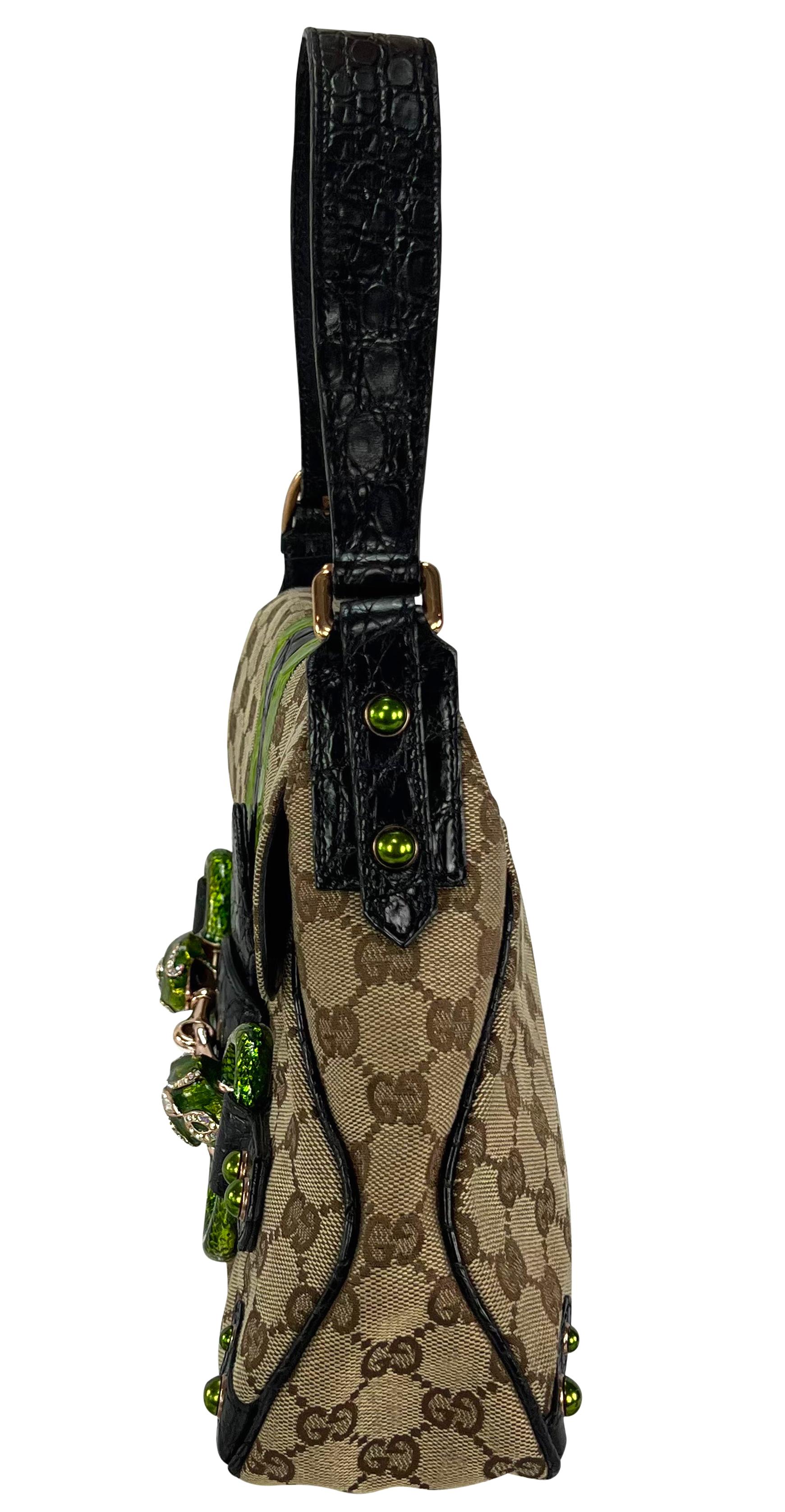 Women's S/S 2004 Gucci by Tom Ford Green Crocodile Rhinestone GG Horsebit Shoulder Bag For Sale
