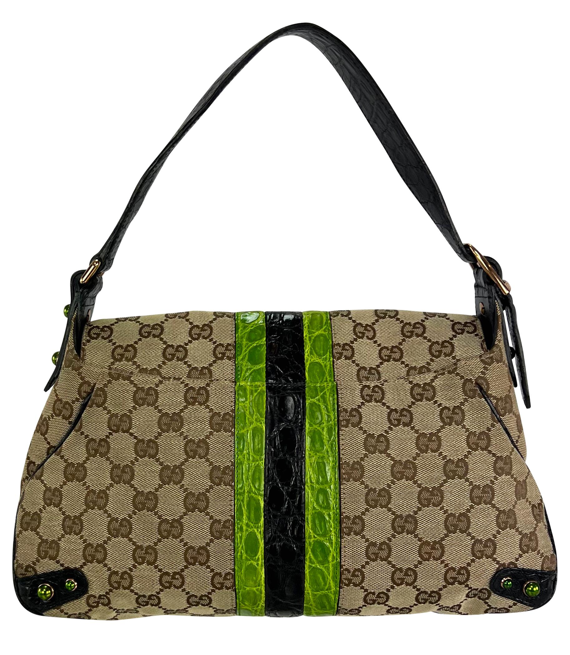 S/S 2004 Gucci by Tom Ford Green Crocodile Rhinestone GG Horsebit Shoulder Bag For Sale 1