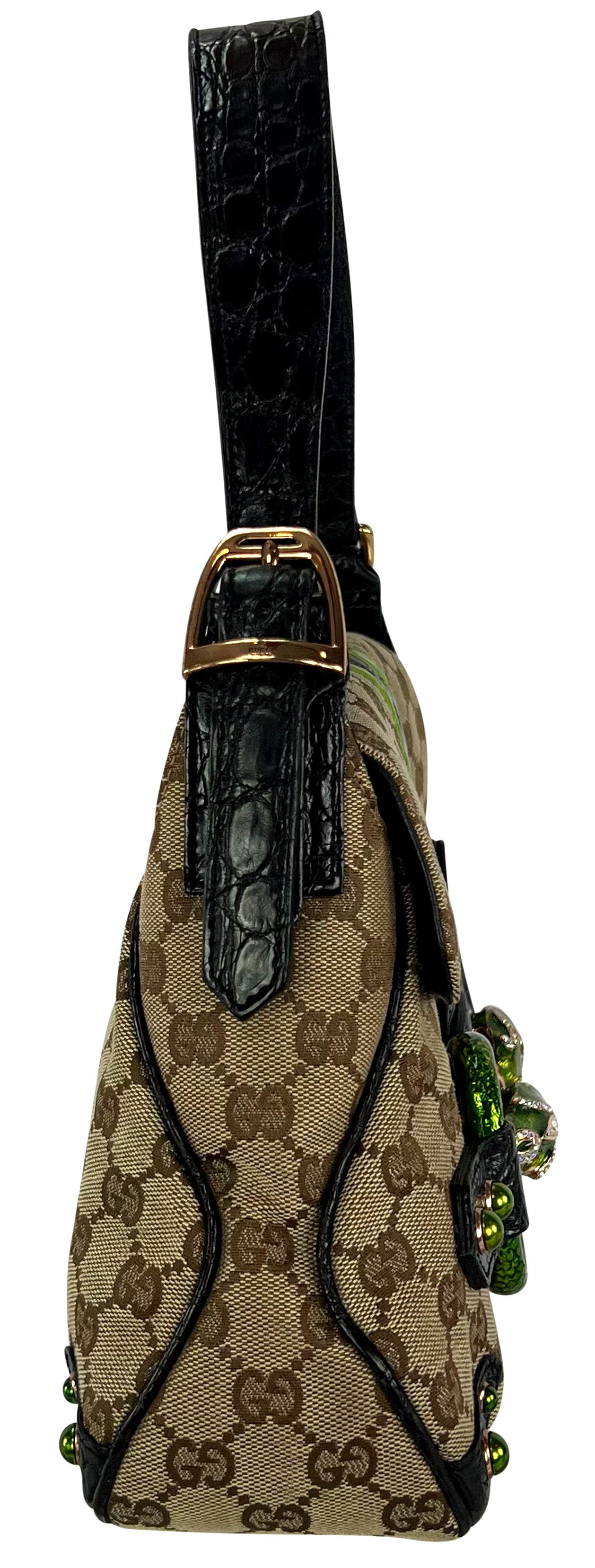 S/S 2004 Gucci by Tom Ford Green Crocodile Rhinestone GG Horsebit Shoulder Bag For Sale 2