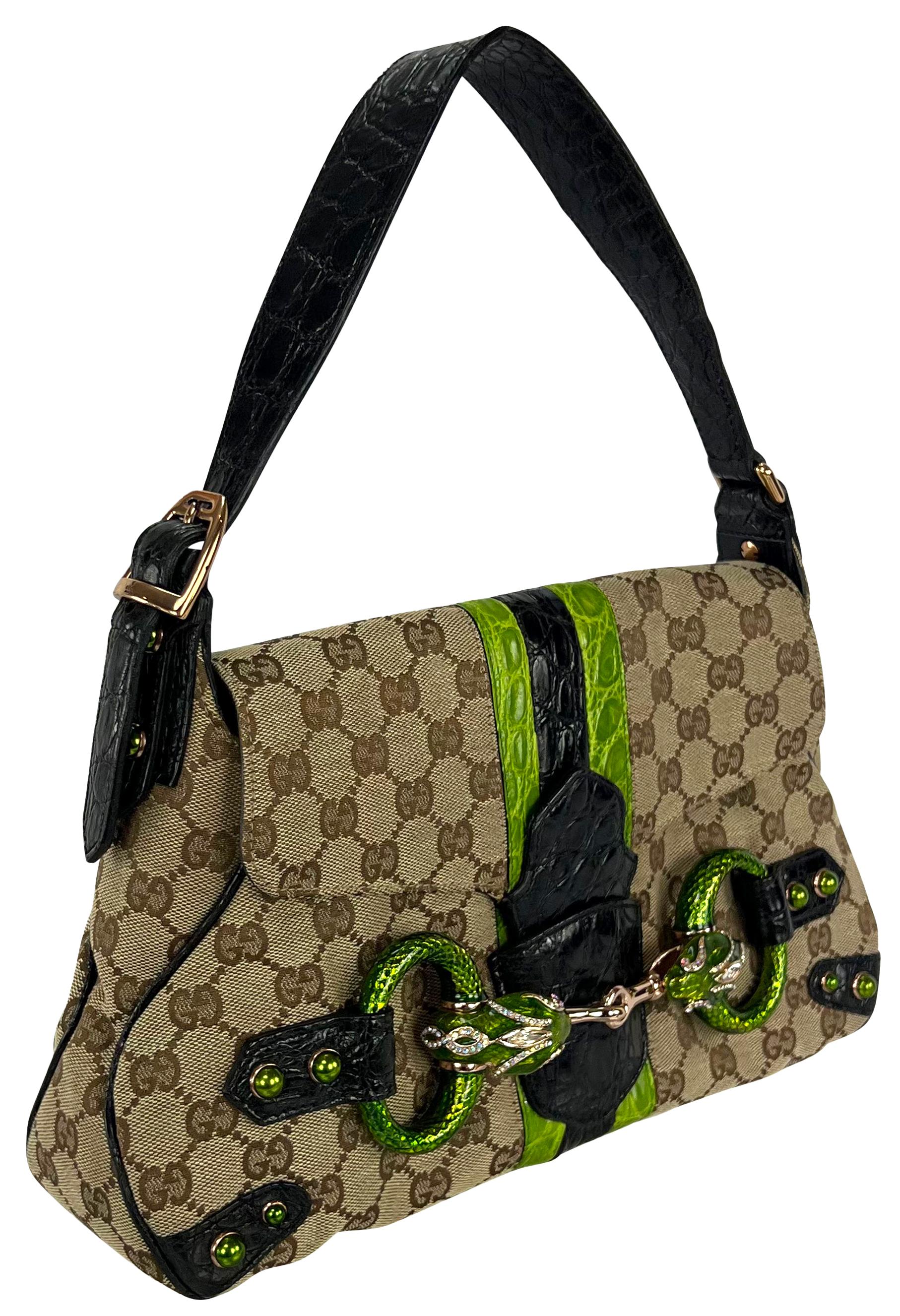 S/S 2004 Gucci by Tom Ford Green Crocodile Rhinestone GG Horsebit Shoulder Bag For Sale 3