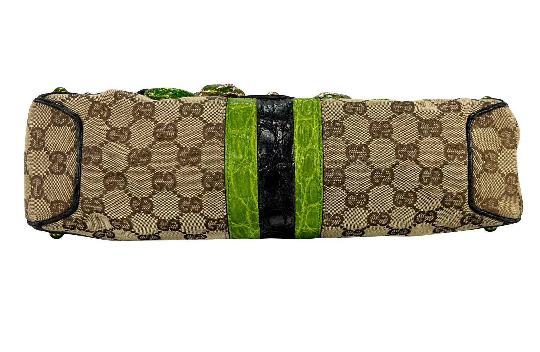 S/S 2004 Gucci by Tom Ford Green Crocodile Rhinestone GG Horsebit Shoulder Bag For Sale 4