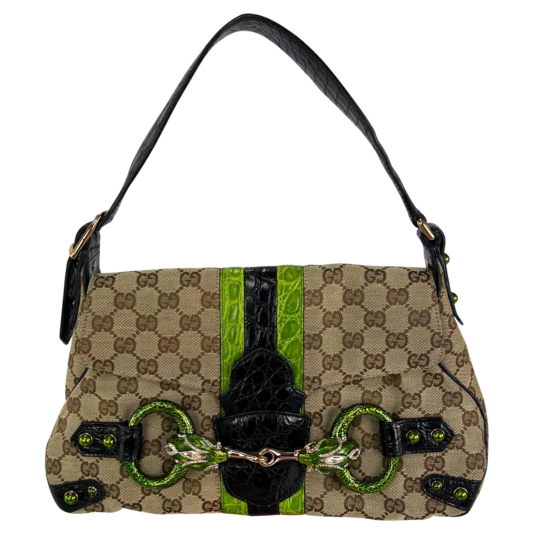 S/S 2004 Gucci by Tom Ford Green Crocodile Rhinestone GG Horsebit Shoulder Bag For Sale
