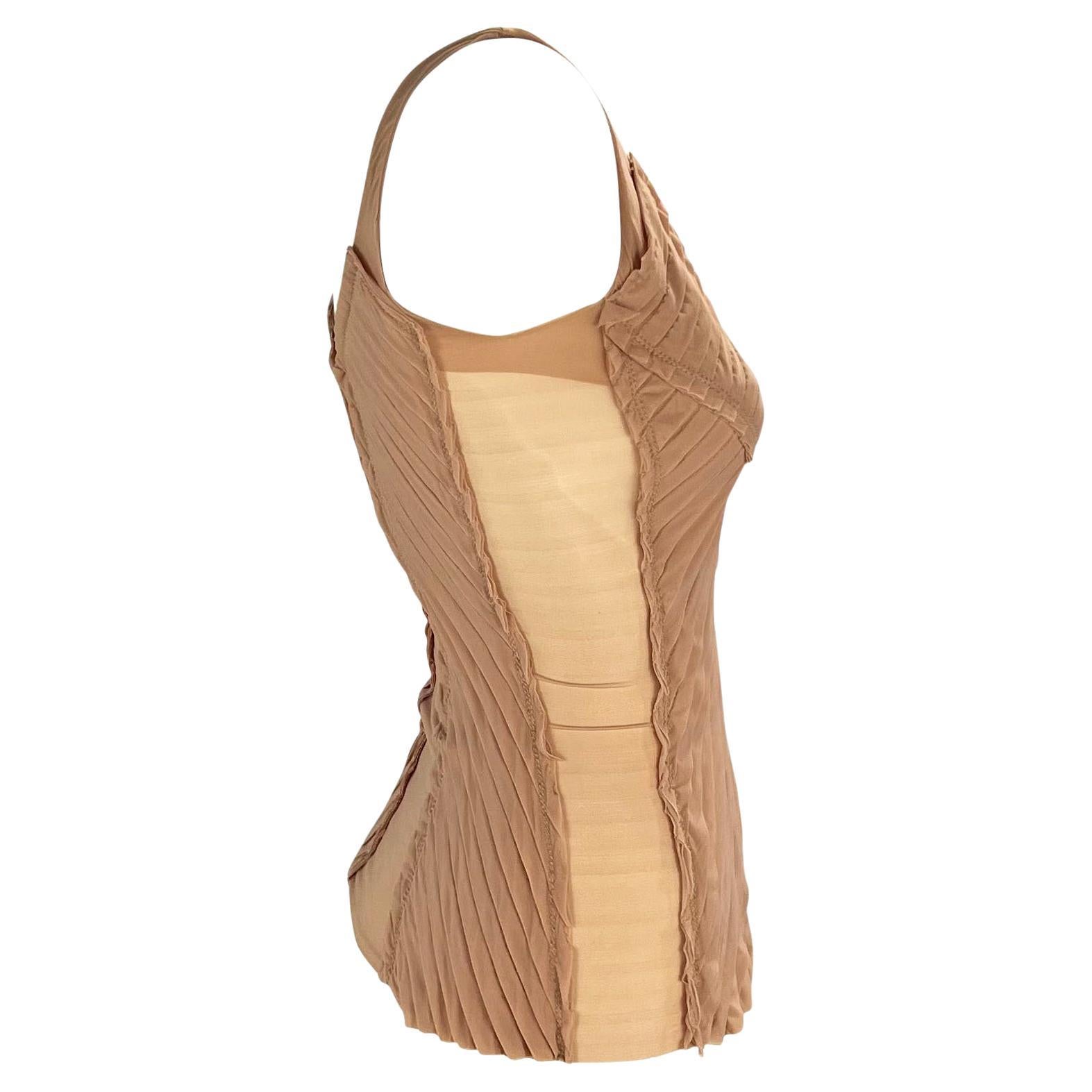 Brown S/S 2004 Gucci by Tom Ford Pleated Blush Sheer Panel Tank Top