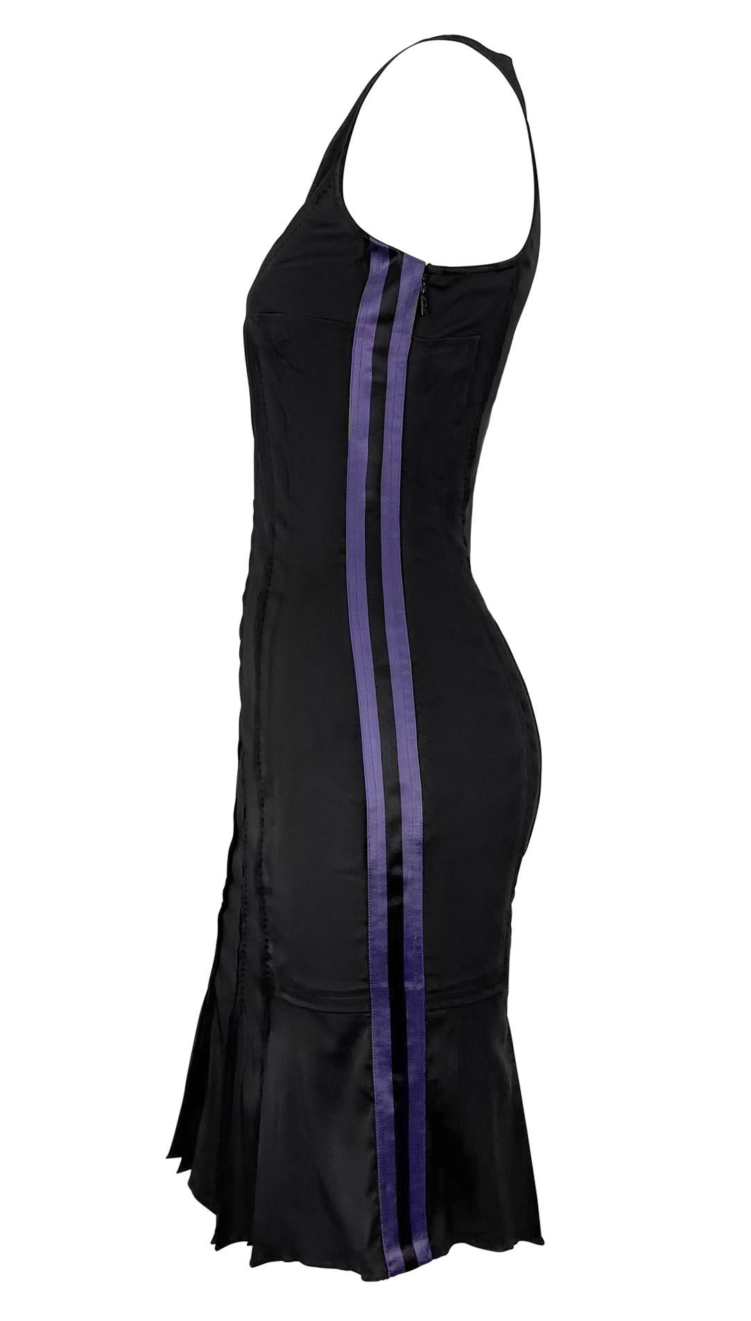Women's S/S 2004 Gucci by Tom Ford Purple Satin Stripe Panel Sleeveless Black Dress For Sale