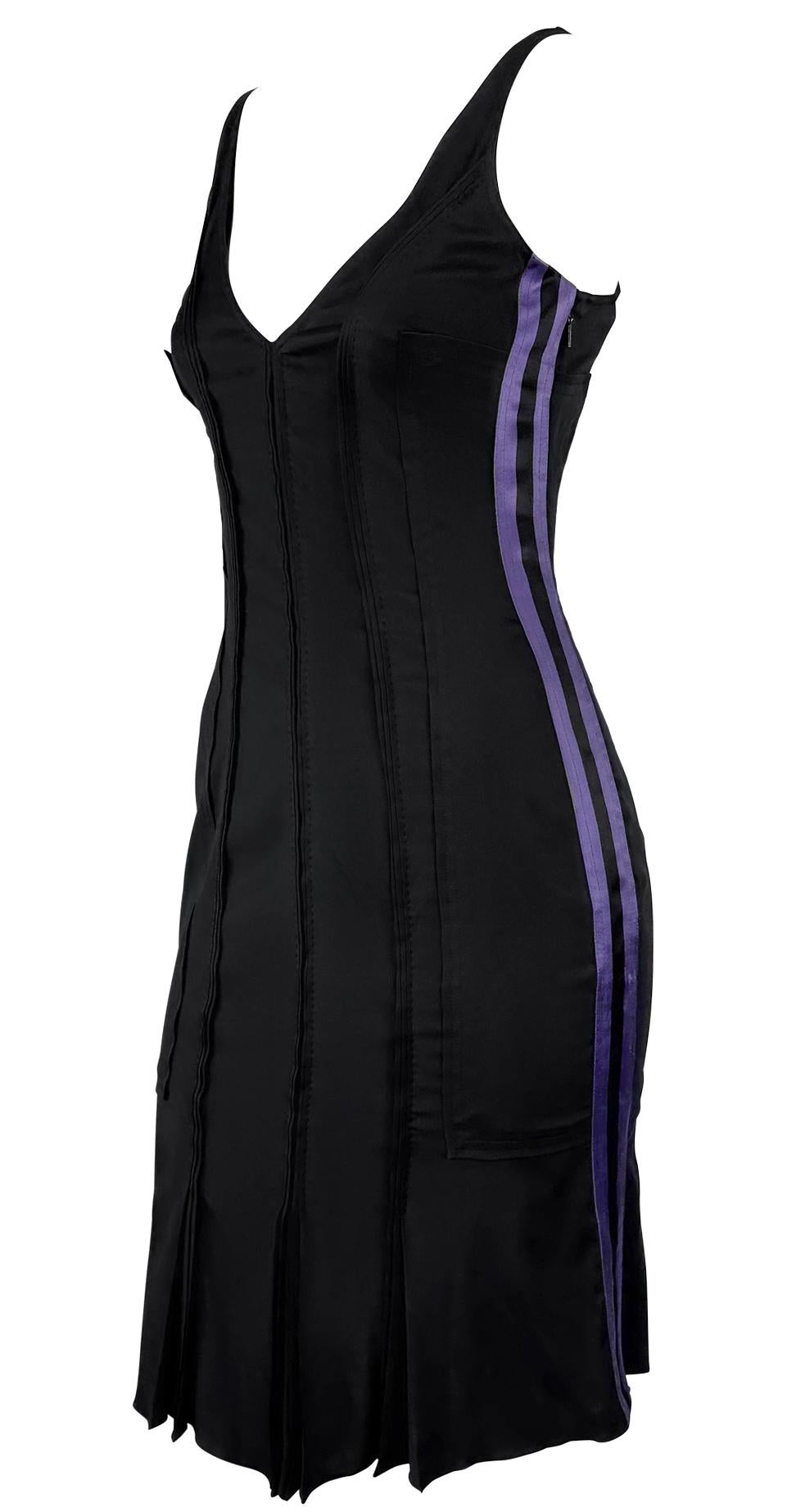 S/S 2004 Gucci by Tom Ford Purple Satin Stripe Panel Sleeveless Black Dress For Sale 1