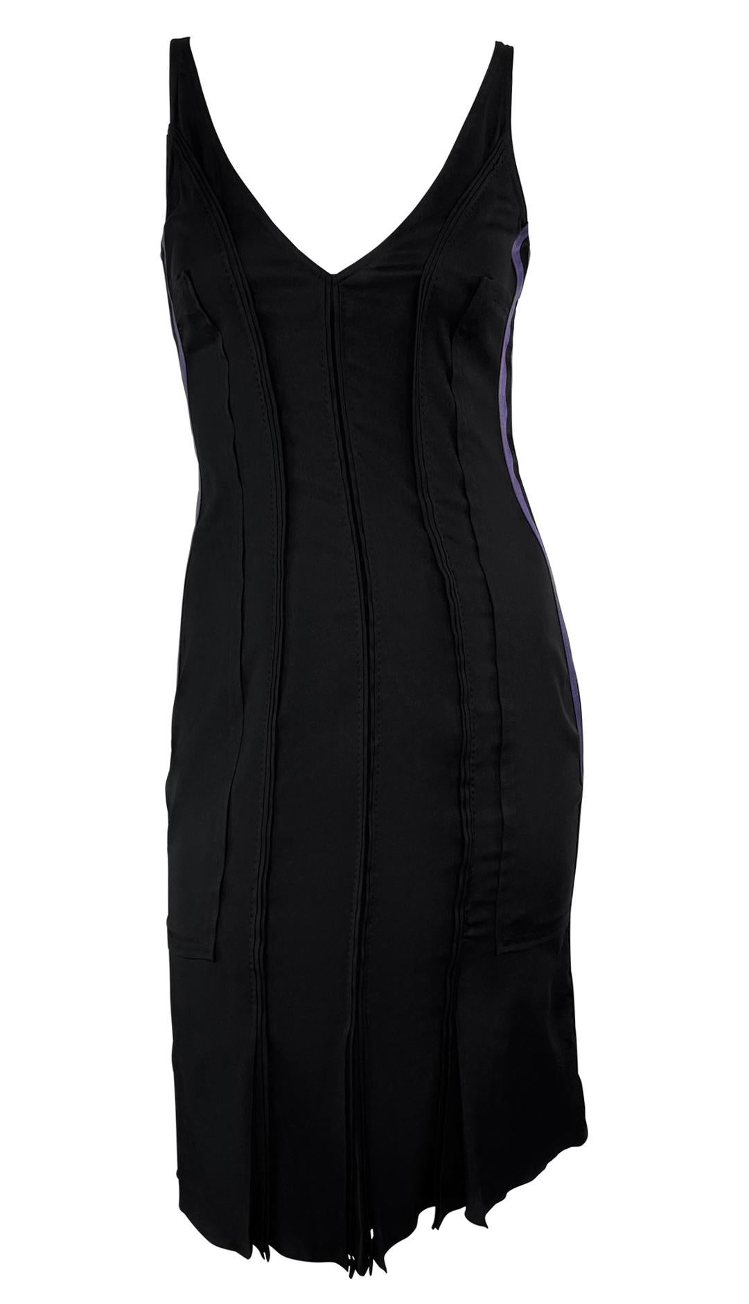 S/S 2004 Gucci by Tom Ford Purple Satin Stripe Panel Sleeveless Black Dress For Sale 2