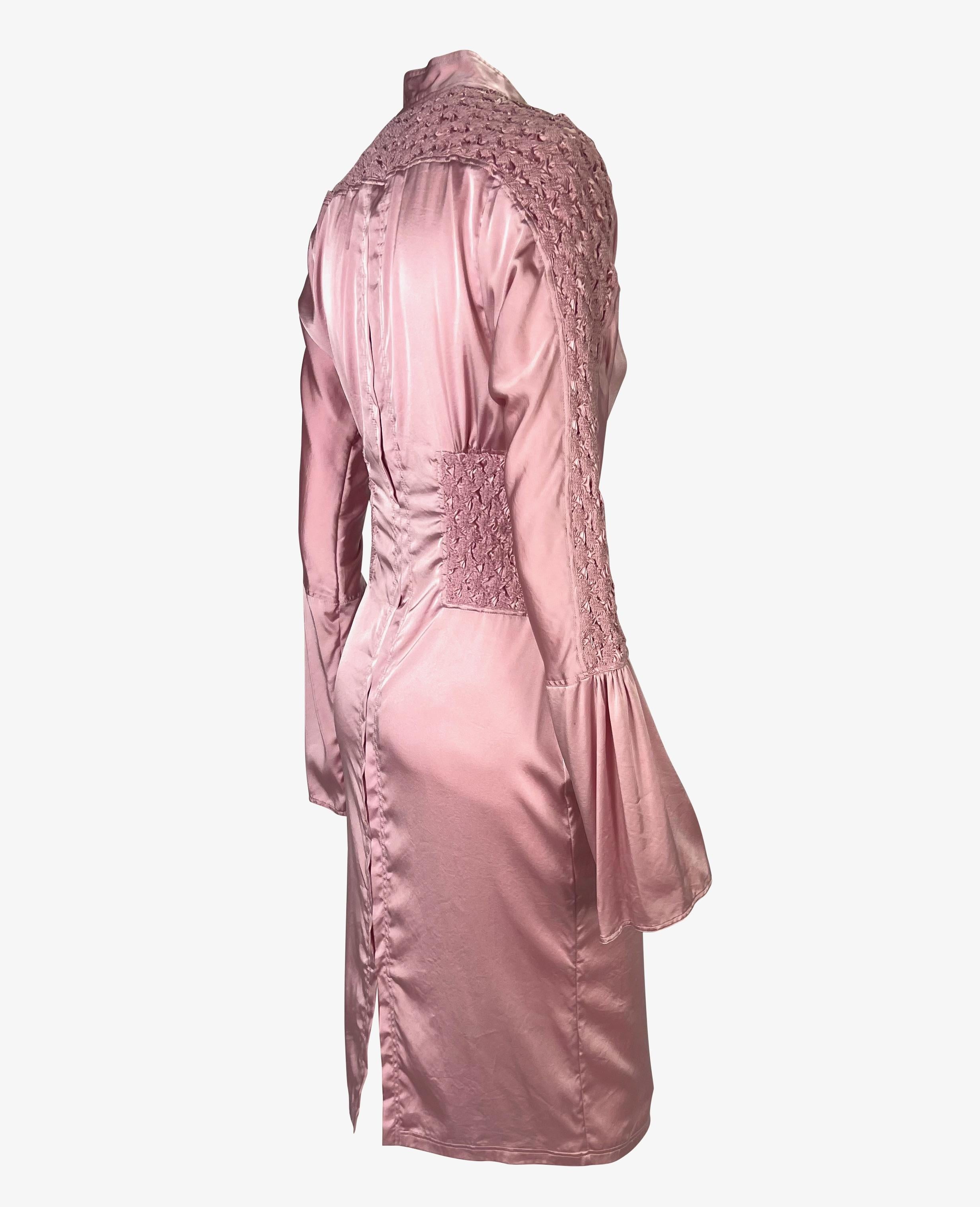 Brown S/S 2004 Gucci by Tom Ford Ruched Pink Satin Rhinestone Brooch Dress For Sale