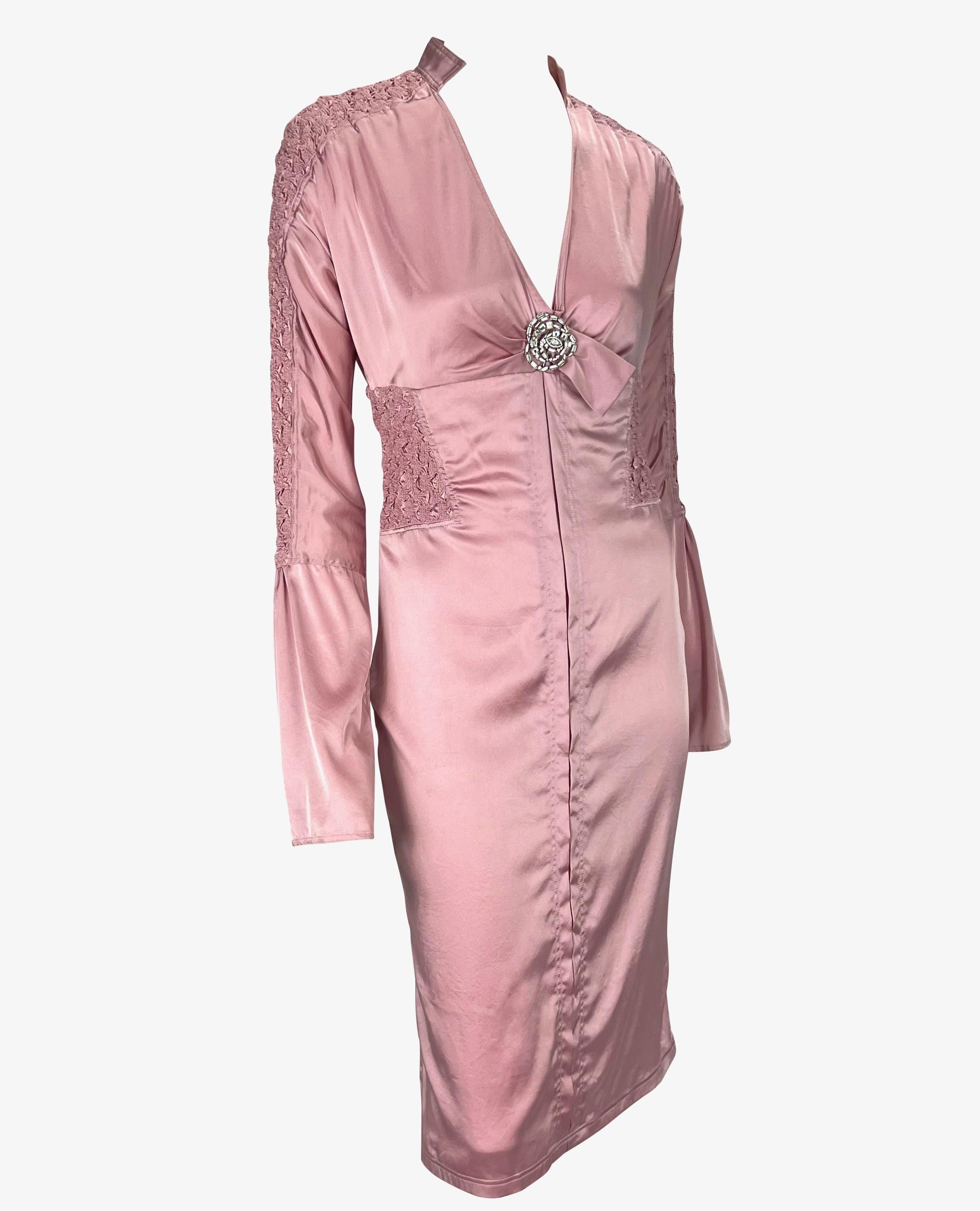 S/S 2004 Gucci by Tom Ford Ruched Pink Satin Rhinestone Brooch Dress In Good Condition For Sale In West Hollywood, CA