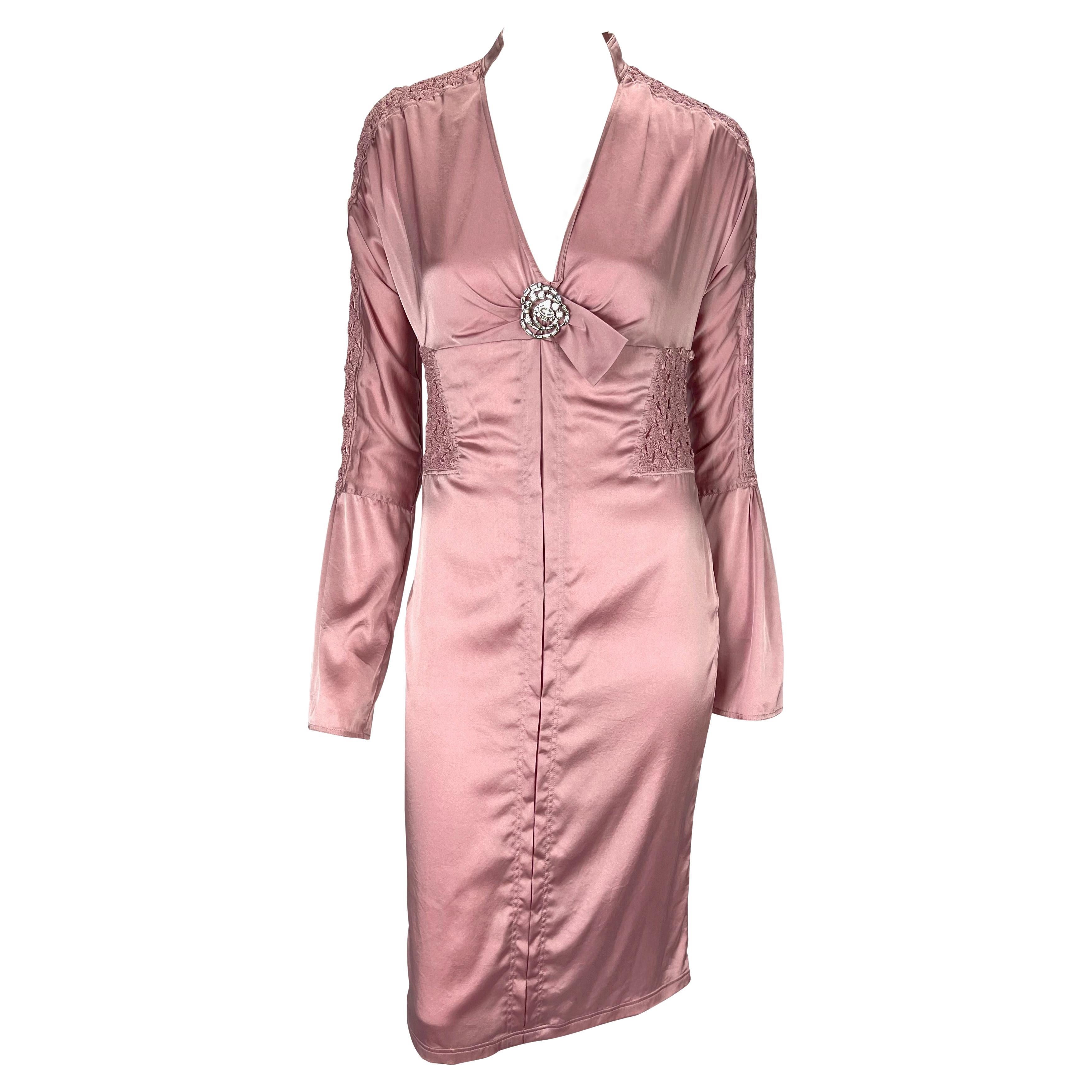 S/S 2004 Gucci by Tom Ford Ruched Pink Satin Rhinestone Brooch Dress For Sale