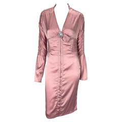 S/S 2004 Gucci by Tom Ford Ruched Pink Satin Rhinestone Brooch Dress