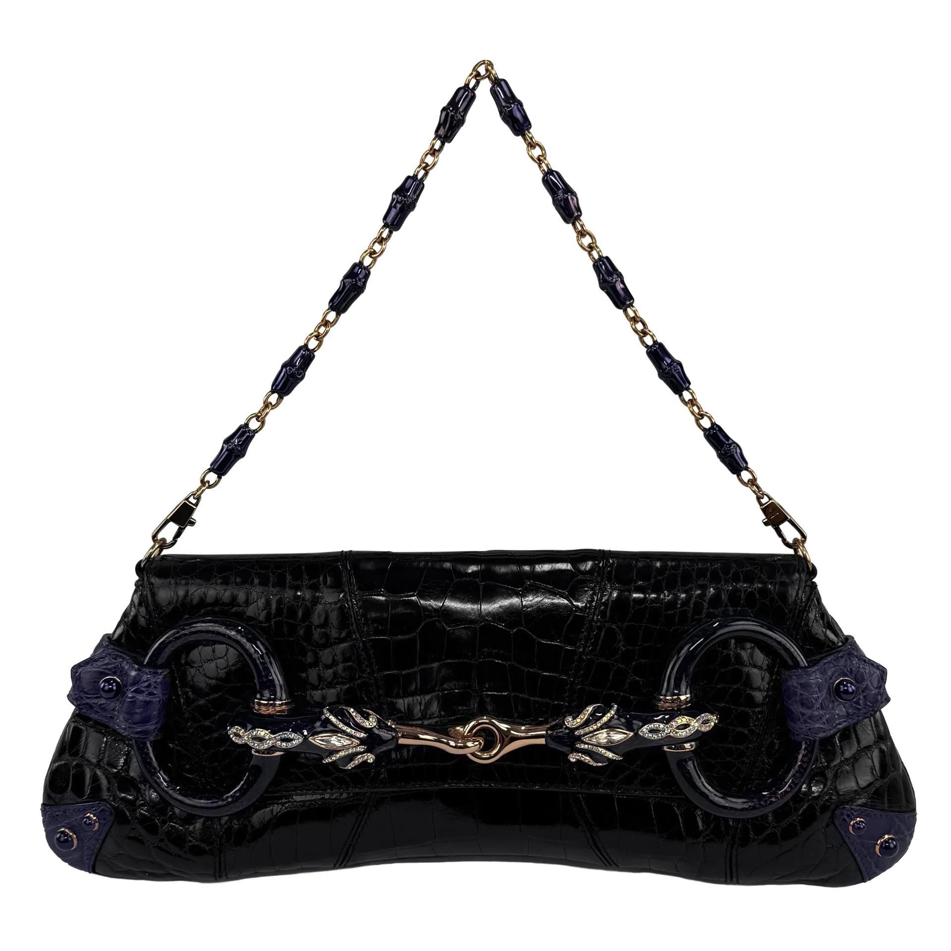 S/S 2004 Gucci for Tom Ford Laufsteg Alligator lila schwarz XL Horsebit Tasche (Schwarz) im Angebot