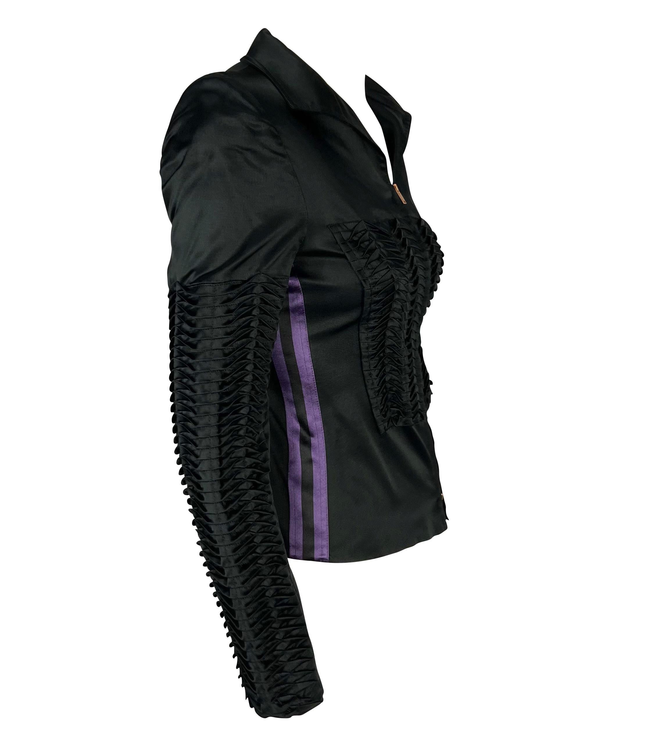 S/S 2004 Gucci by Tom Ford Runway Black Pleated Satin Purple Stripe Jacket For Sale 4