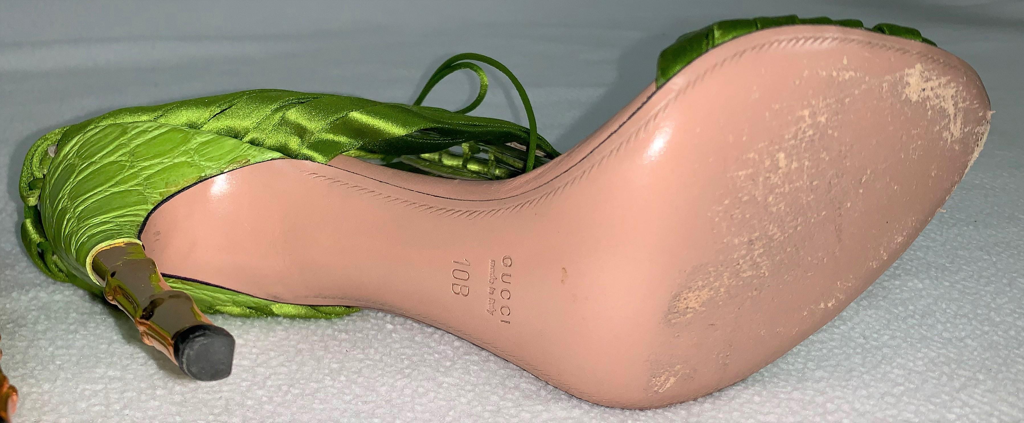 Women's S/S 2004 Gucci by Tom Ford Runway Green Satin Wrap Gold Stiletto Heels 10