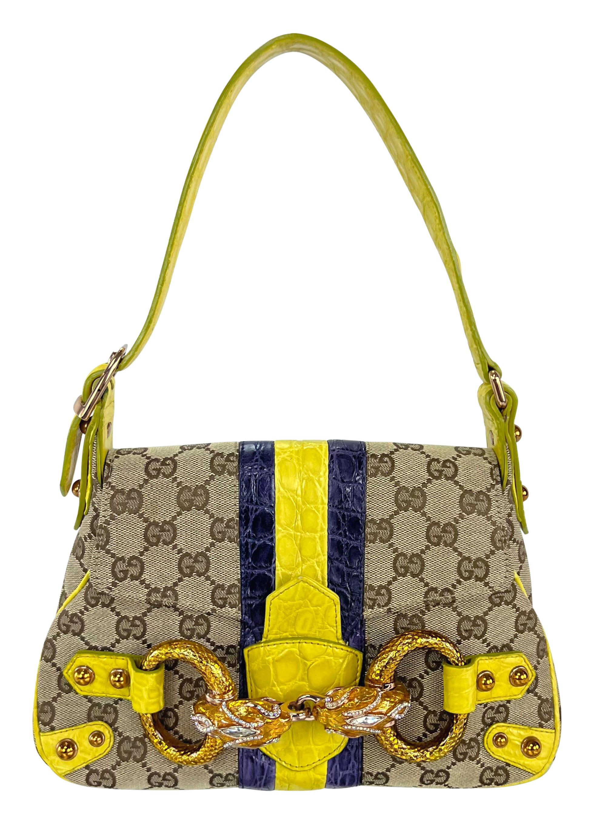 S/S 2004 Gucci by Tom Ford Yellow Alligator Serpent Horsebit Small Shoulder Bag In Excellent Condition For Sale In West Hollywood, CA