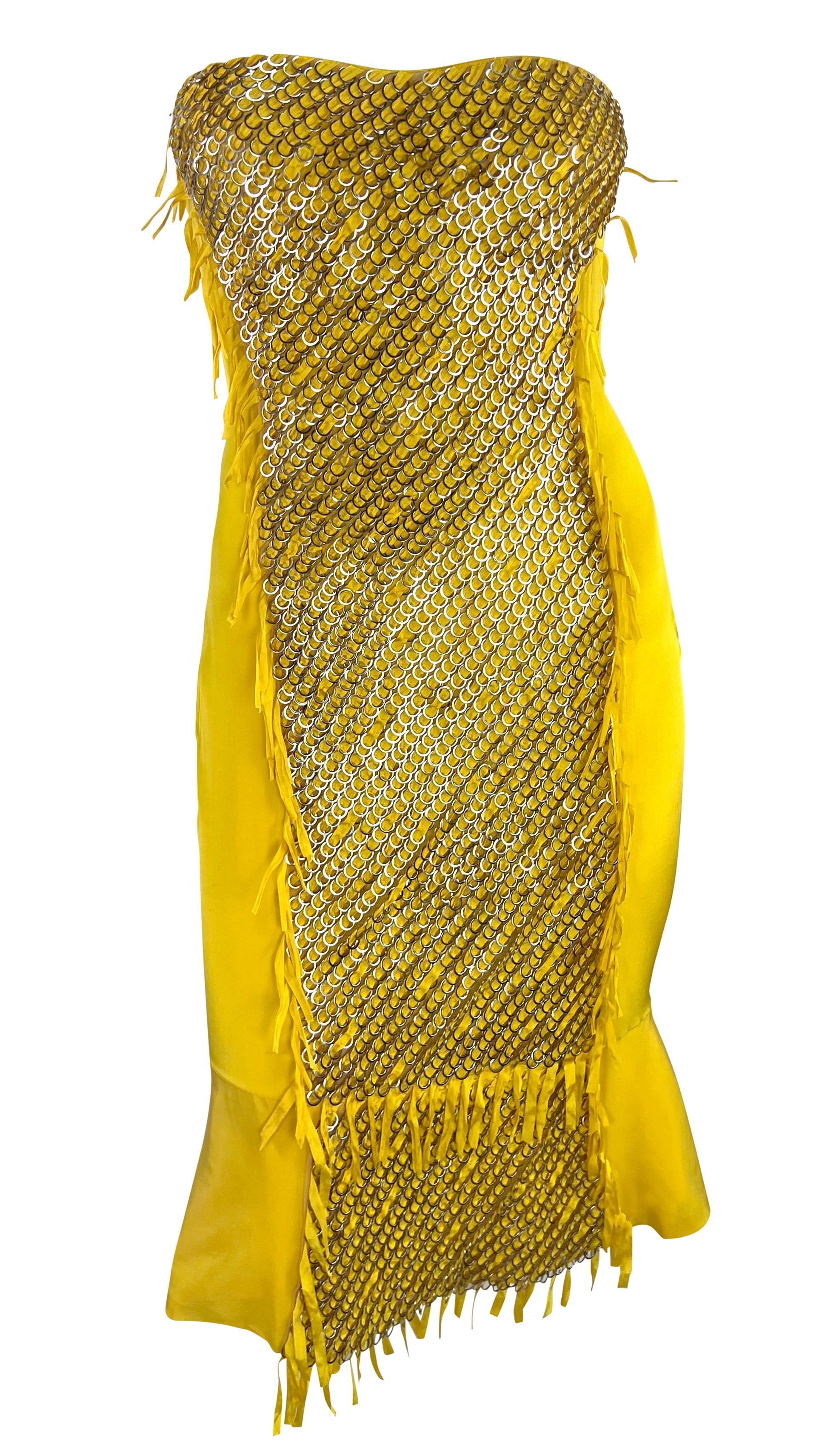 Jaune S/S 2004 Gucci by Tom Ford Yellow Strapless Metal Ring Runway Ad Mini Dress en vente