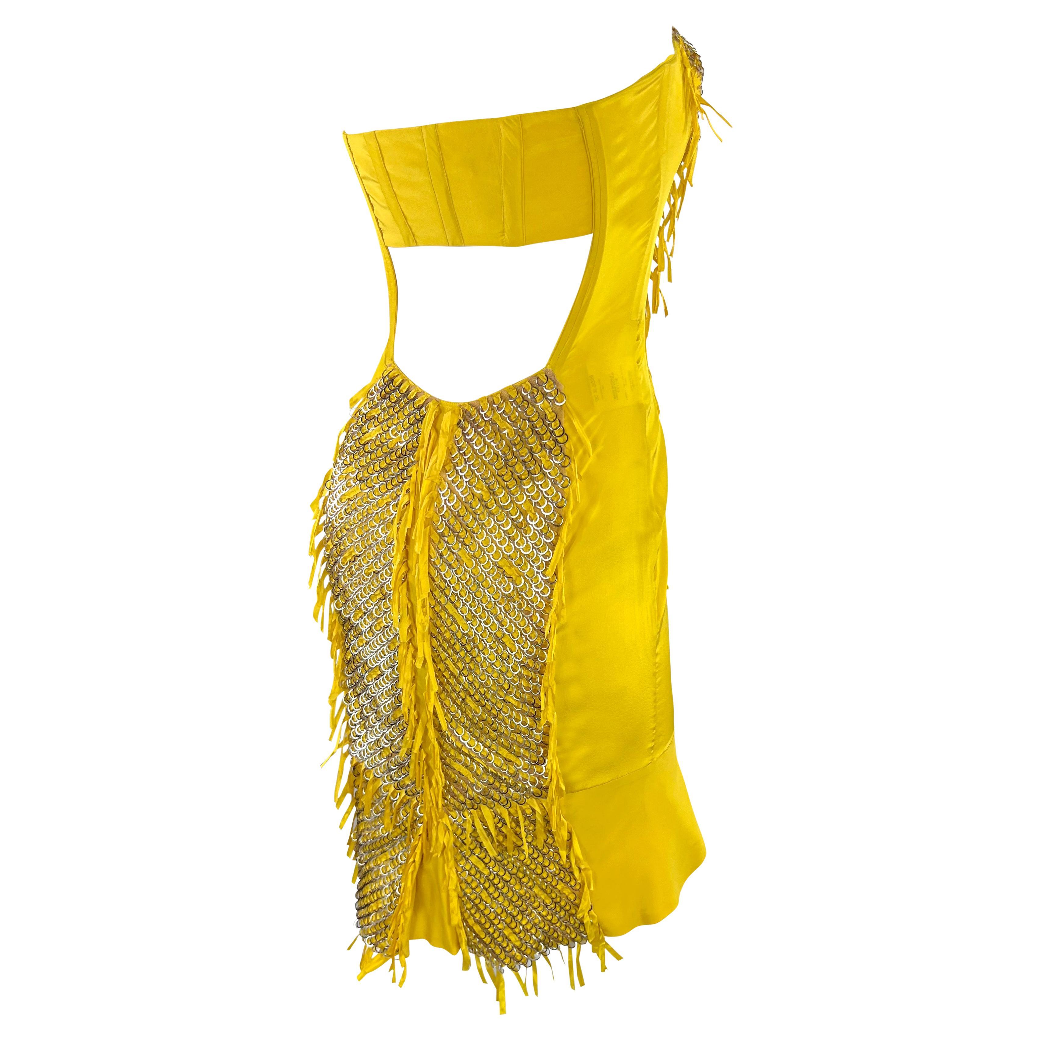 S/S 2004 Gucci by Tom Ford Yellow Strapless Metal Ring Runway Ad Mini Dress en vente