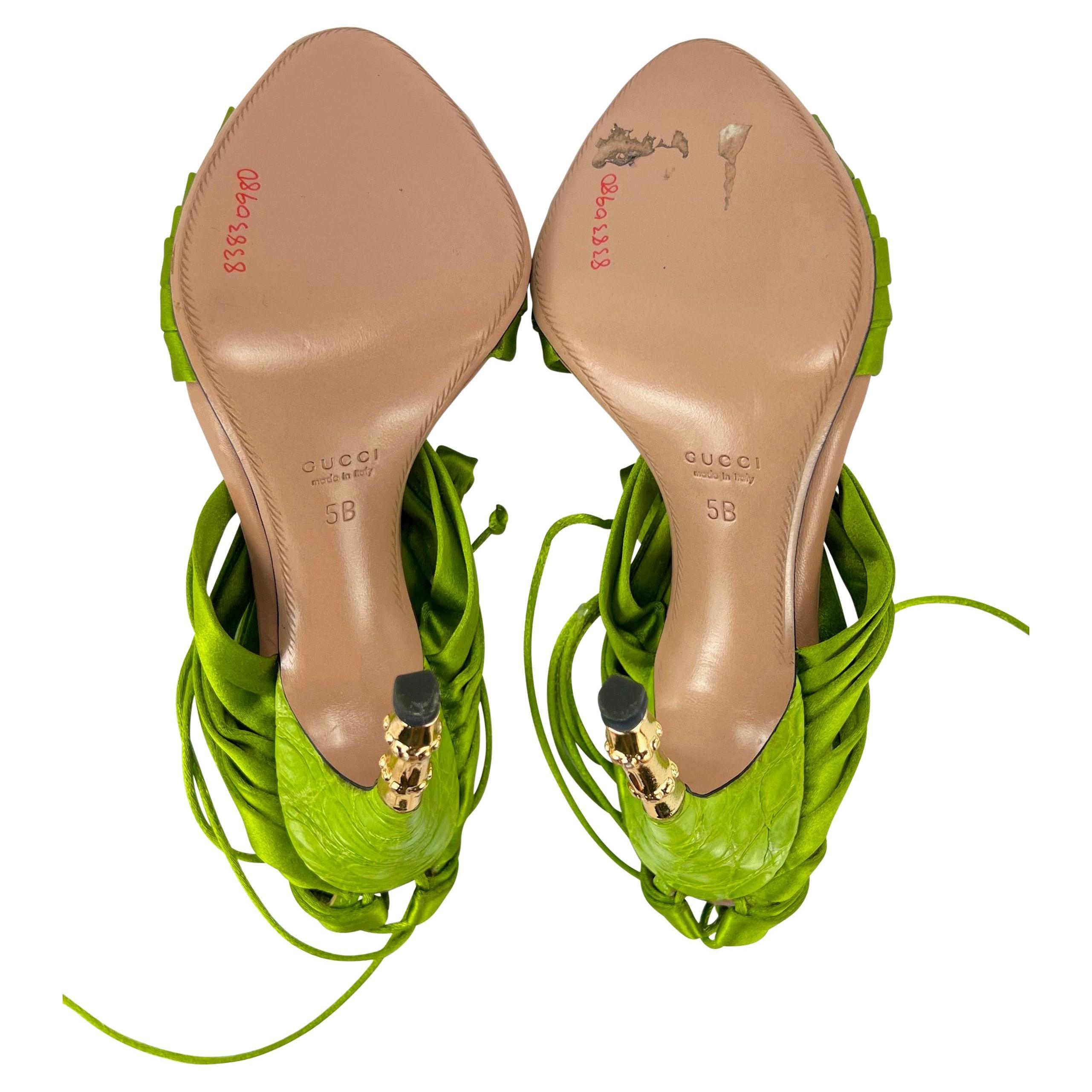 S/S 2004 Gucci by Tom Ford Ad Green Satin Strap Lace-Up Crocodile Heels Size 5 B For Sale 4