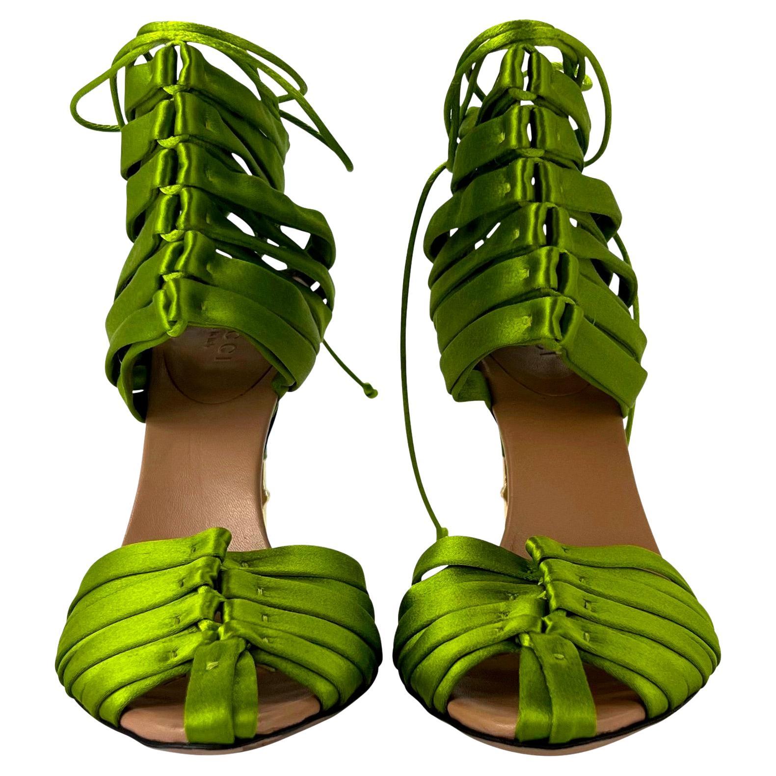 S/S 2004 Gucci by Tom Ford Ad Green Satin Strap Lace-Up Crocodile Heels Size 5 B For Sale 1
