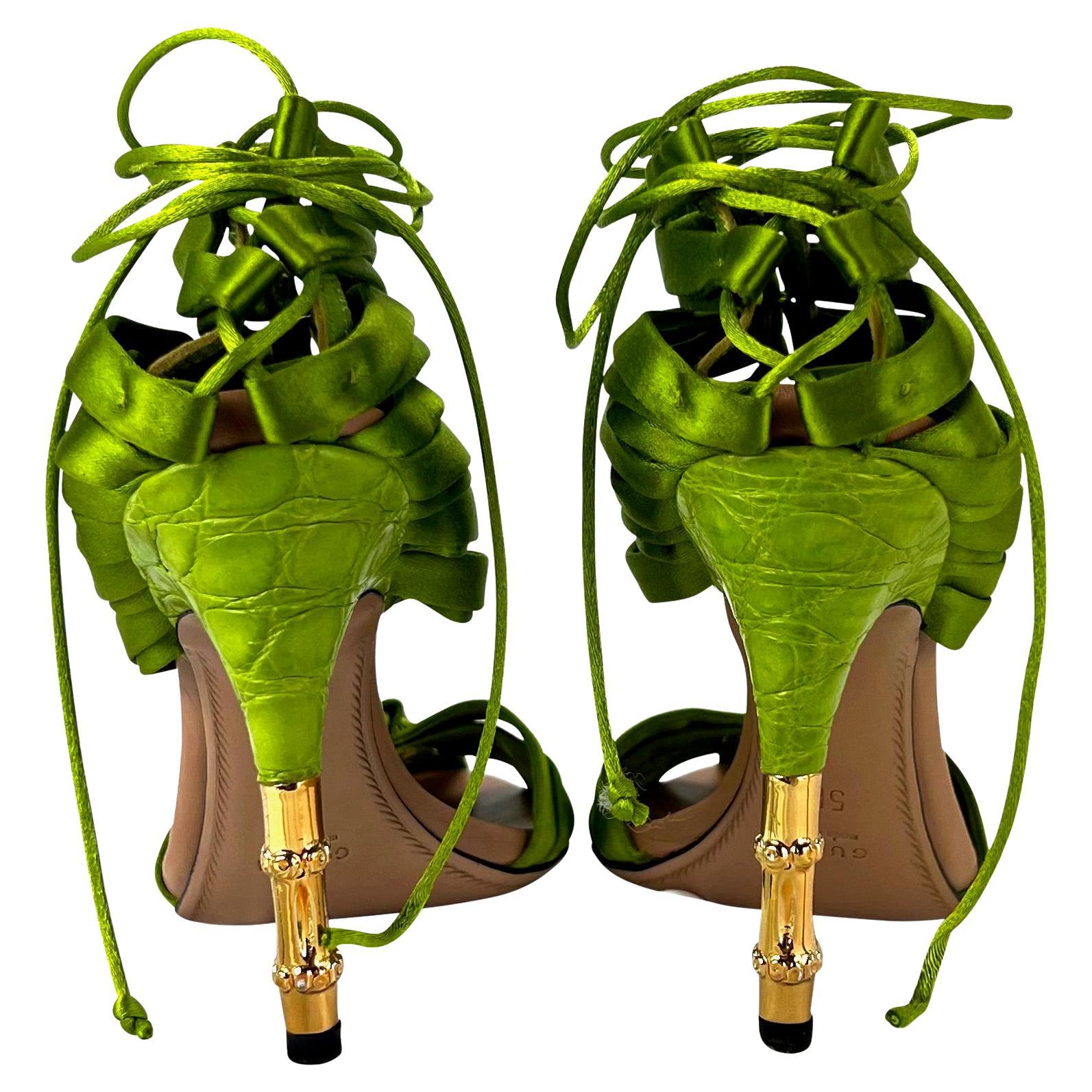 S/S 2004 Gucci by Tom Ford Ad Green Satin Strap Lace-Up Crocodile Heels Size 5 B For Sale 3