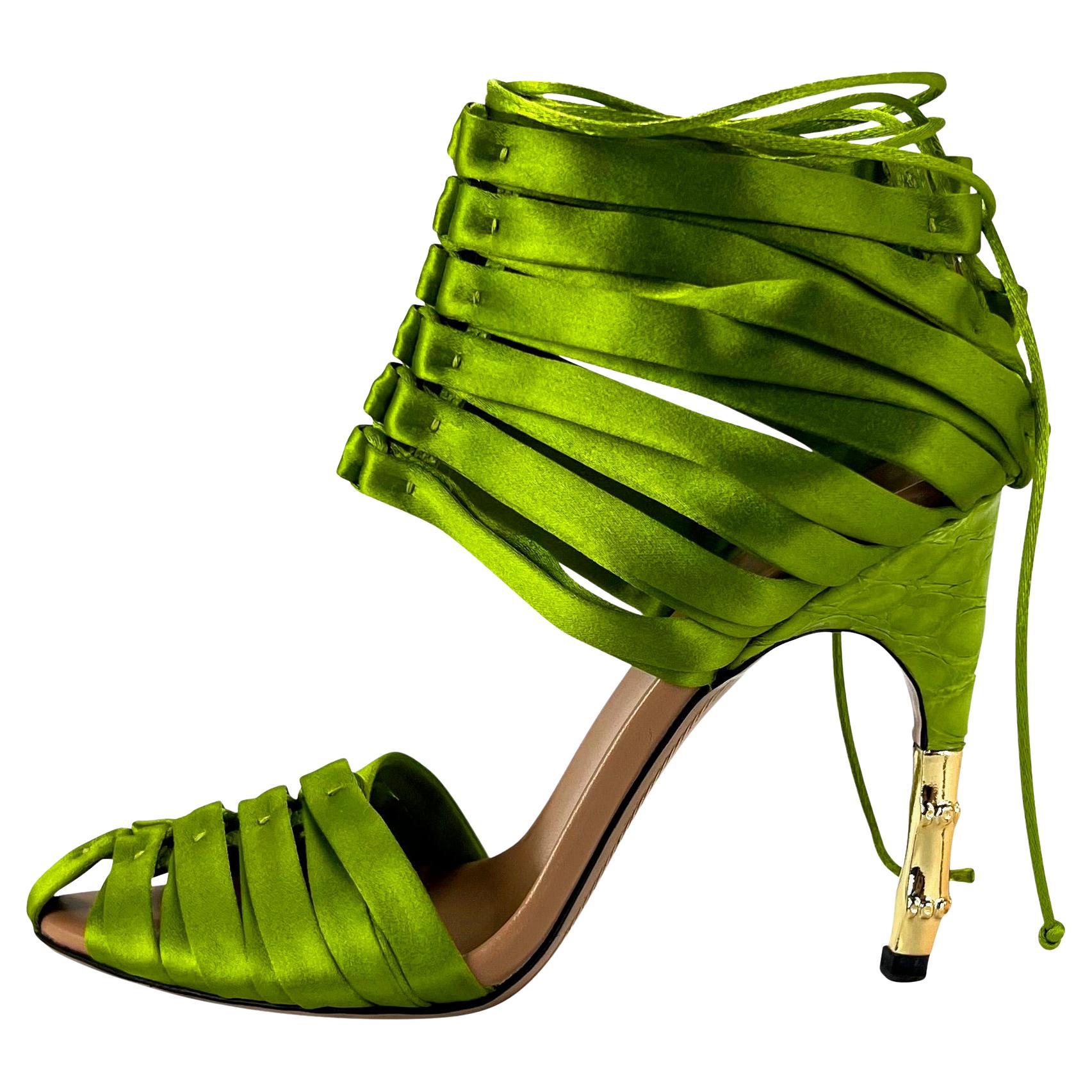 S/S 2004 Gucci by Tom Ford Ad Green Satin Strap Lace-Up Crocodile Heels Size 5 B For Sale
