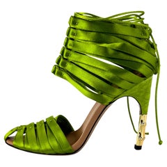 S/S 2004 Gucci by Tom Ford Ad Green Satin Strap Lace-Up Crocodile Heels Size 5 B