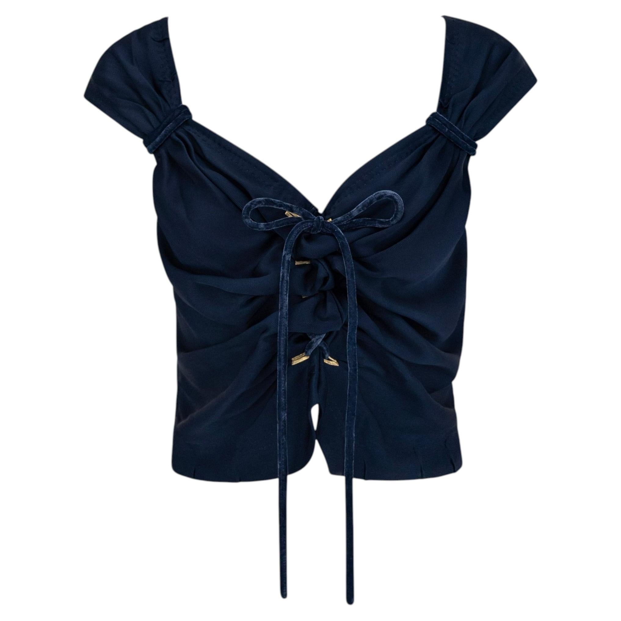 P/E 2004 Louis Vuitton by Marc Jacobs - Camicetta con cravatta in velluto e raso blu scuro in vendita