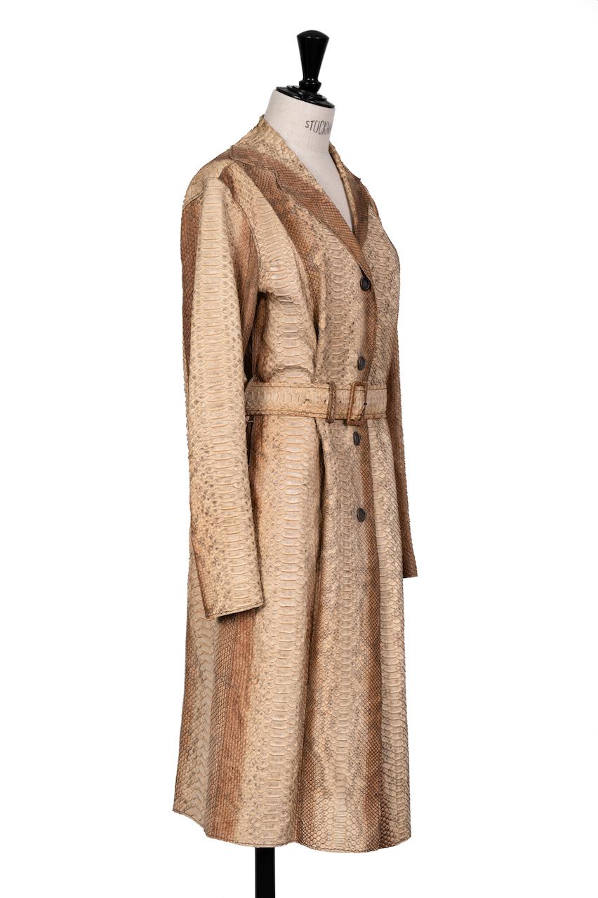 Women's S/S 2004 PRADA Runway Beige Brown Python Leather Belted Trench Coat For Sale