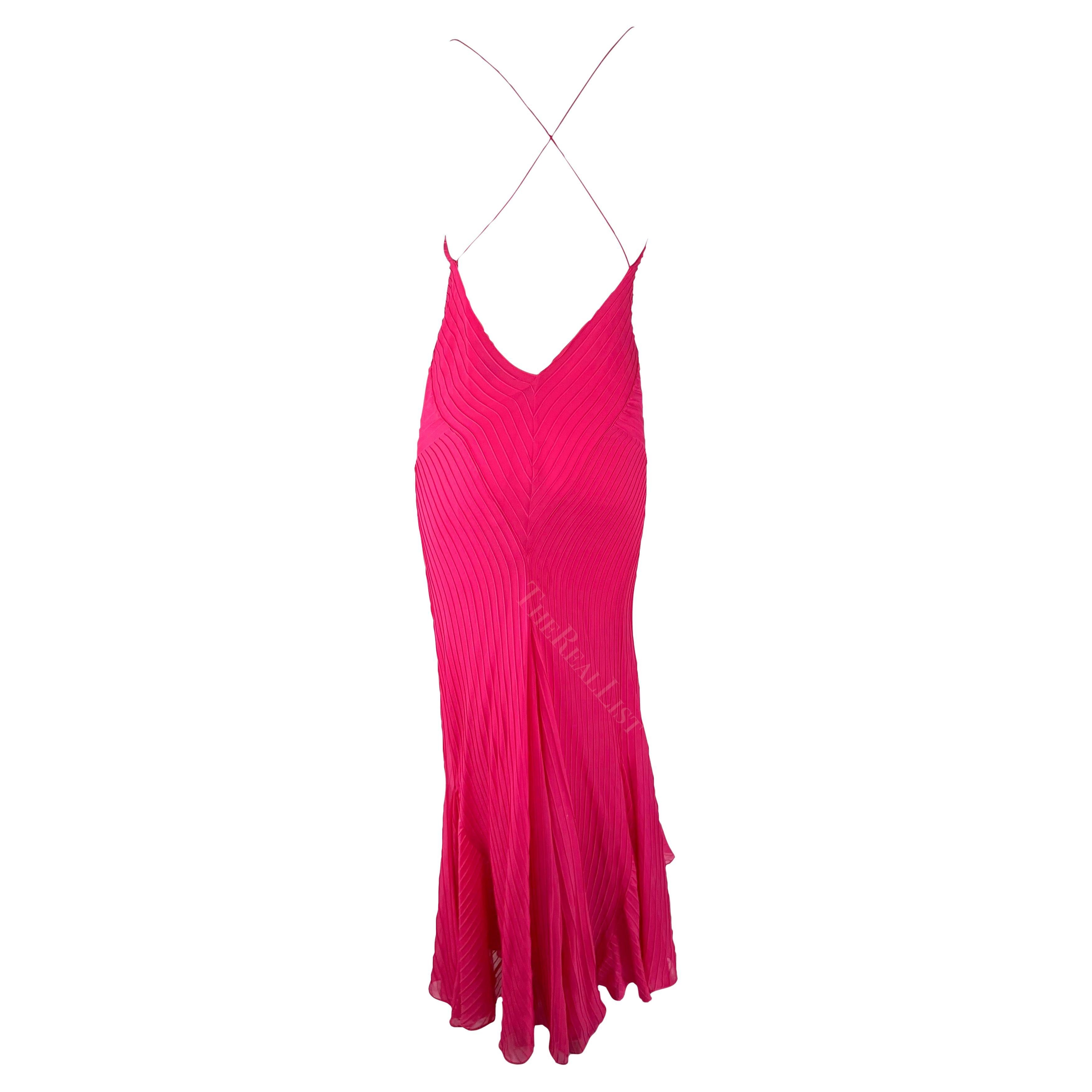 S/S 2004 Ralph Lauren Runway Hot Pink Pleated Chiffon Backless Cowl Gown 10