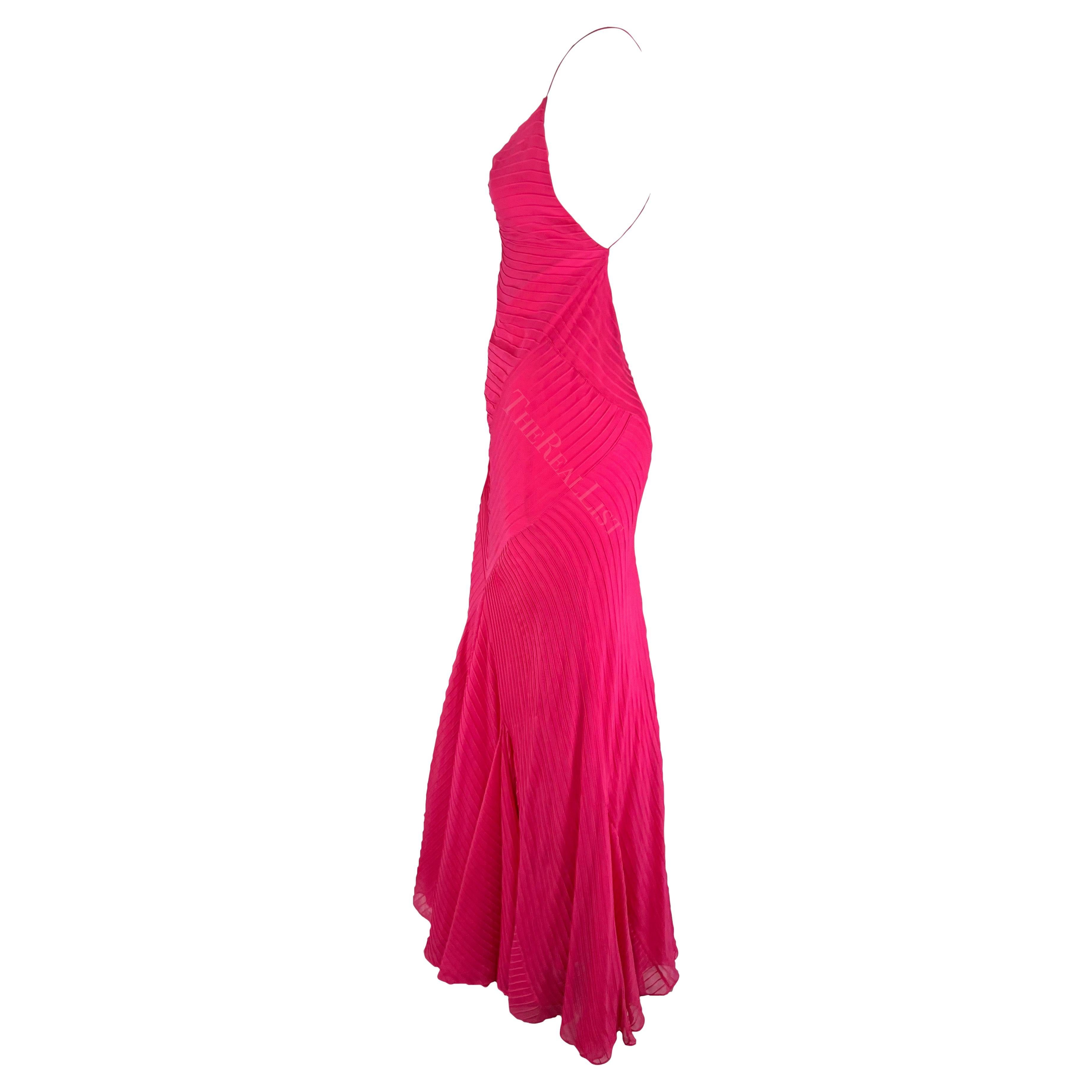 S/S 2004 Ralph Lauren Runway Hot Pink Pleated Chiffon Backless Cowl Gown In Excellent Condition In West Hollywood, CA