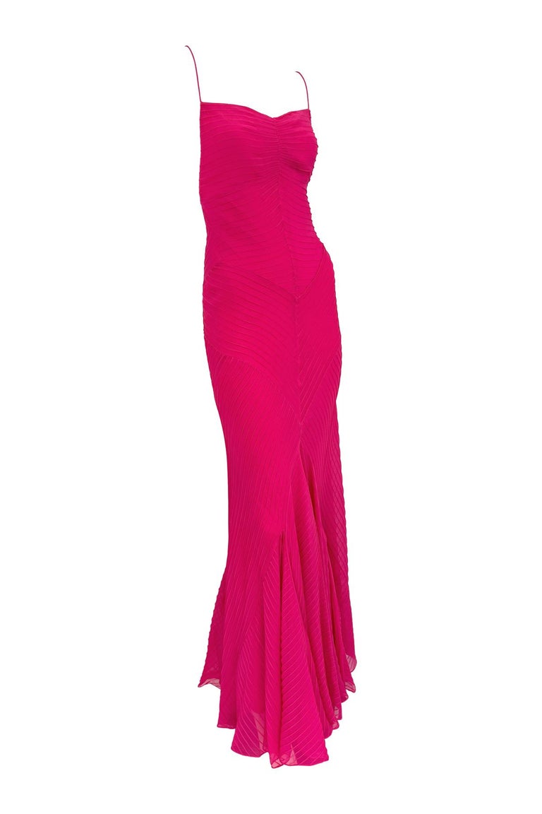 S/S 2004 Ralph Lauren Runway Hot Pink Sheer Silk Chiffon Pin Tuck Backless  Gown at 1stDibs