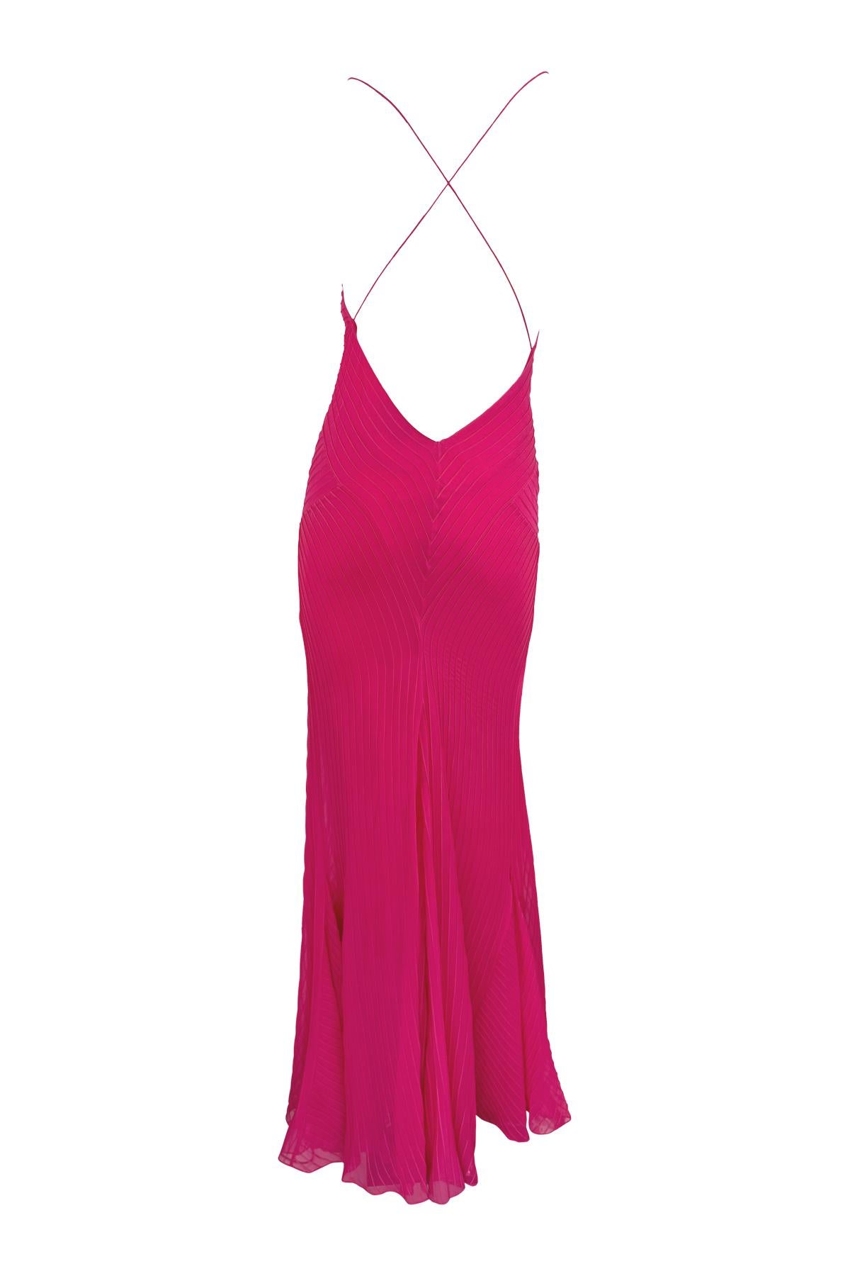 Pasarela Ralph Lauren S/S 2004 Vestido sin espalda en gasa de seda transparente rosa intenso en venta 5