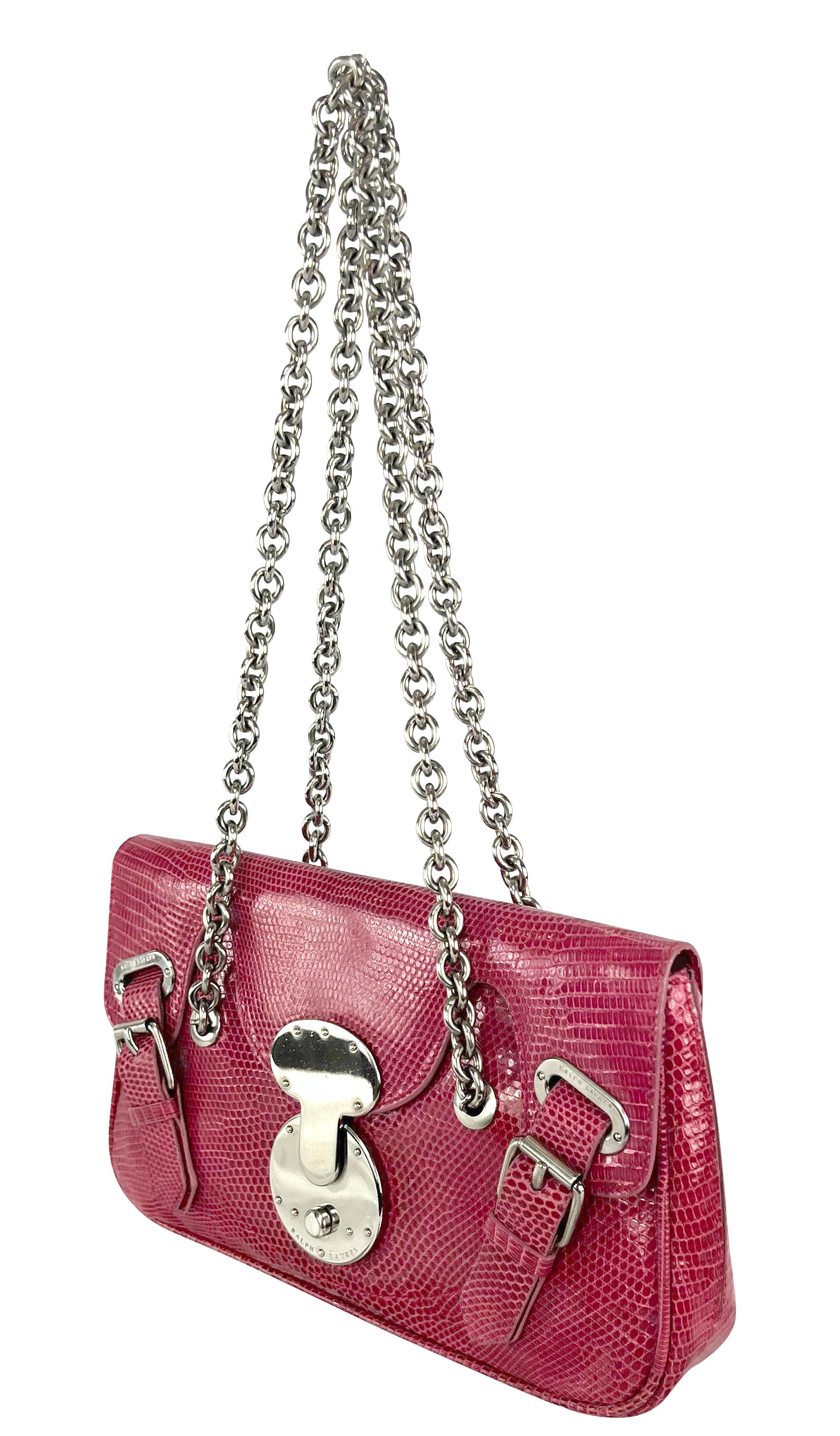 Brown S/S 2004 Ralph Lauren Runway Pink Lizard Skin Chain Flap Shoulder Bag For Sale