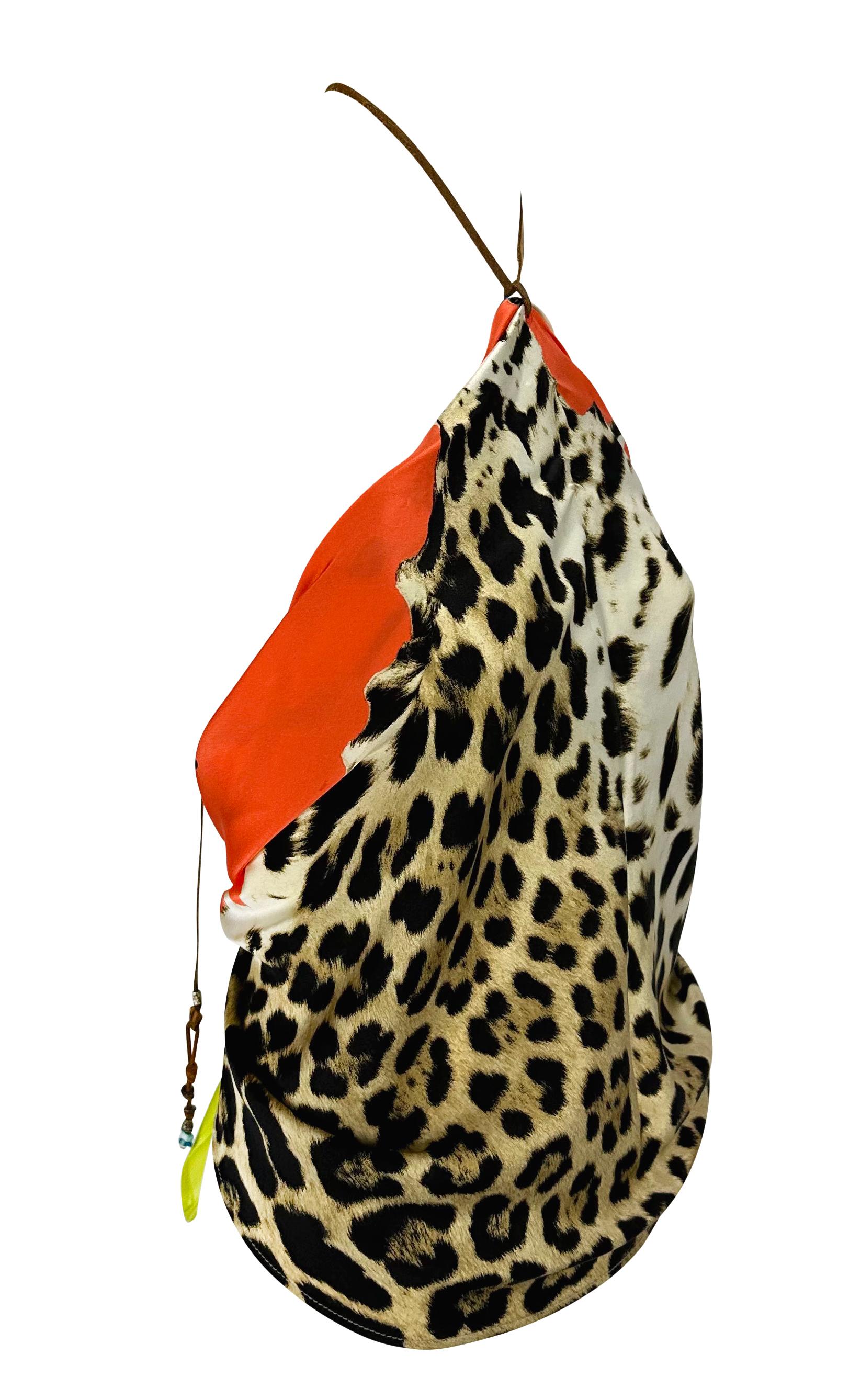 Beige S/S 2004 Roberto Cavalli Animal Print Silk Scarf Leather Halter Neck Top For Sale