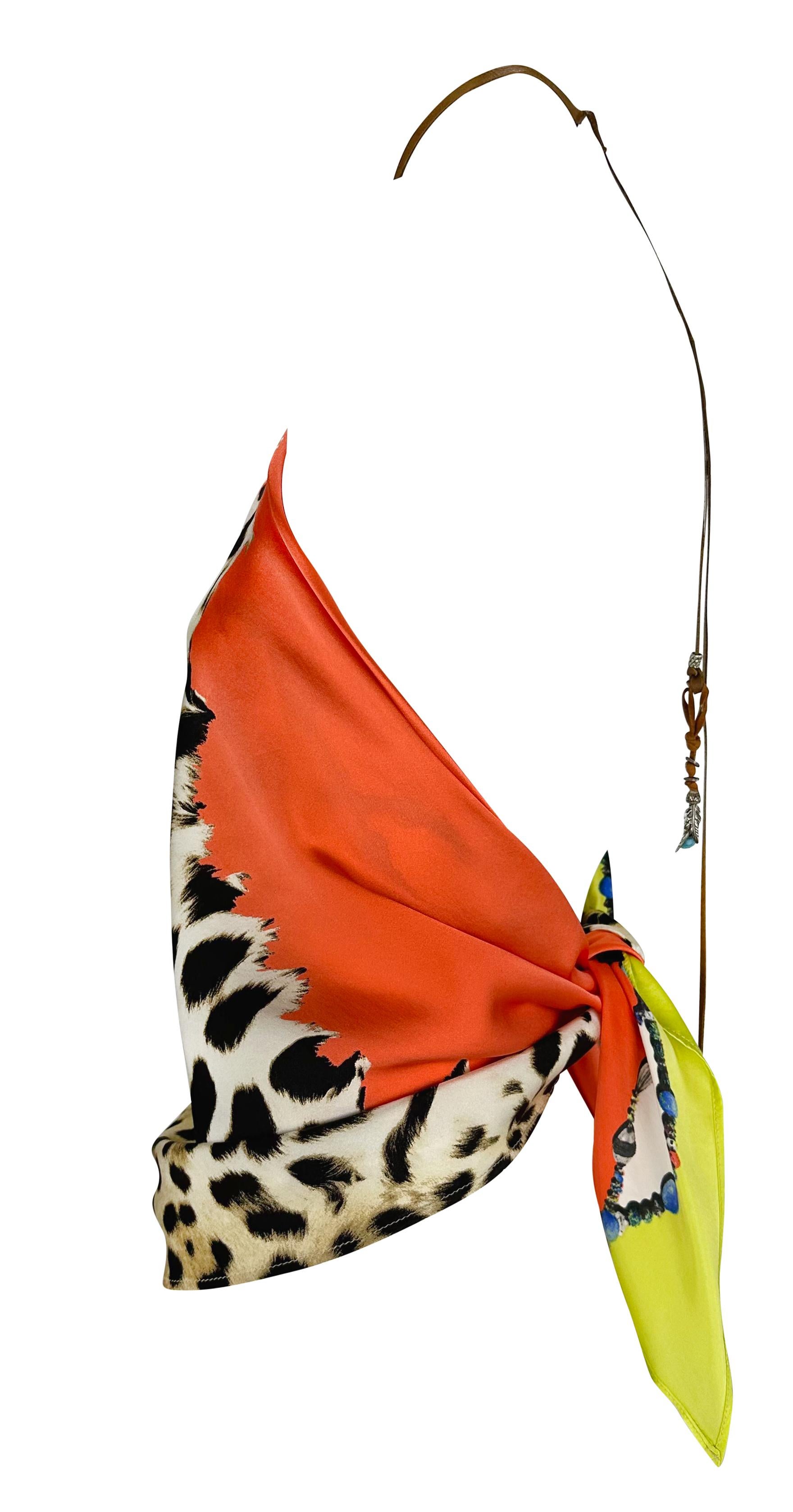 S/S 2004 Roberto Cavalli Animal Print Silk Scarf Leather Halter Neck Top For Sale 1