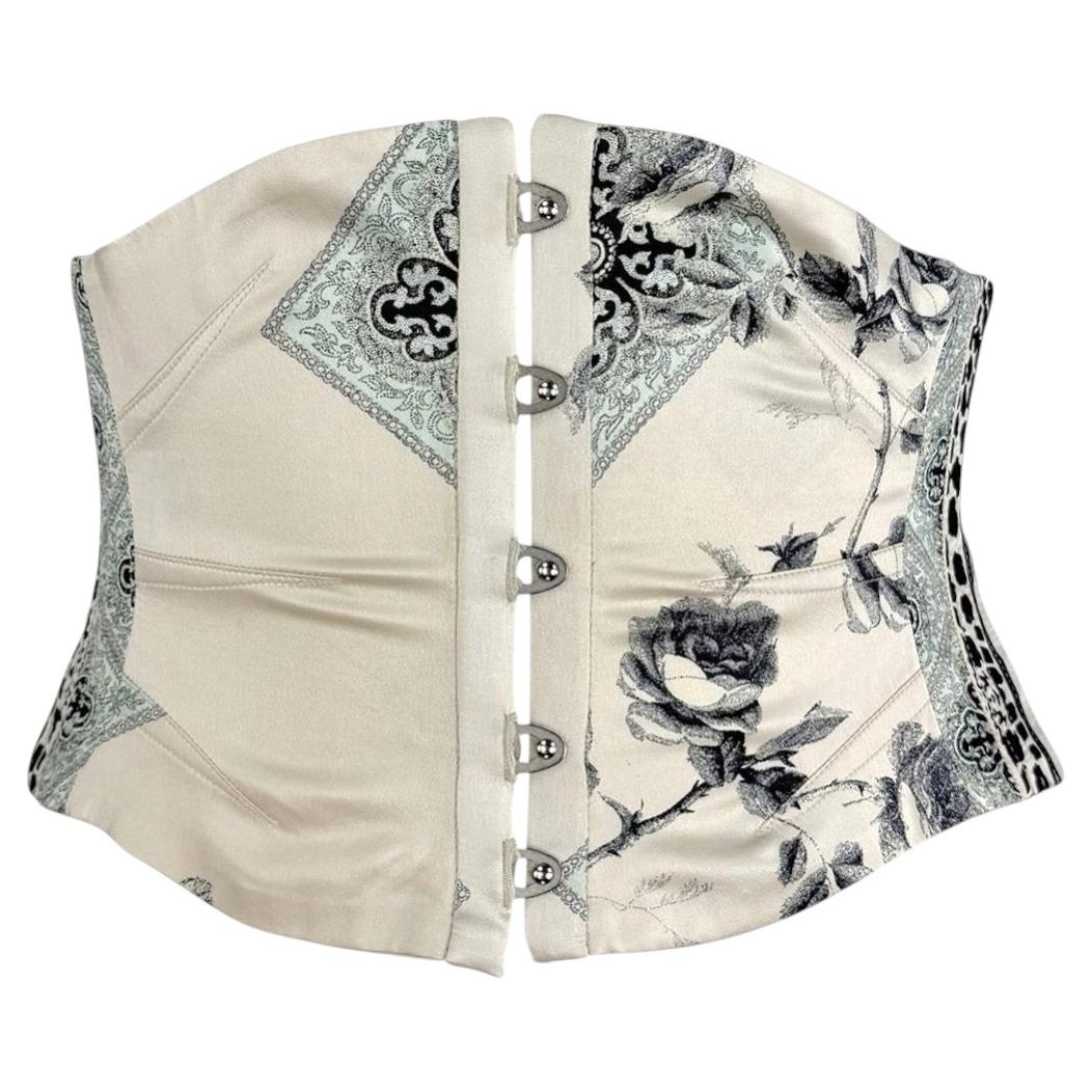 S/S 2004 Roberto Cavalli – Cremefarbener Seidensatin-Gürtel mit Blumenmuster im Korsettstil, Größe S im Angebot