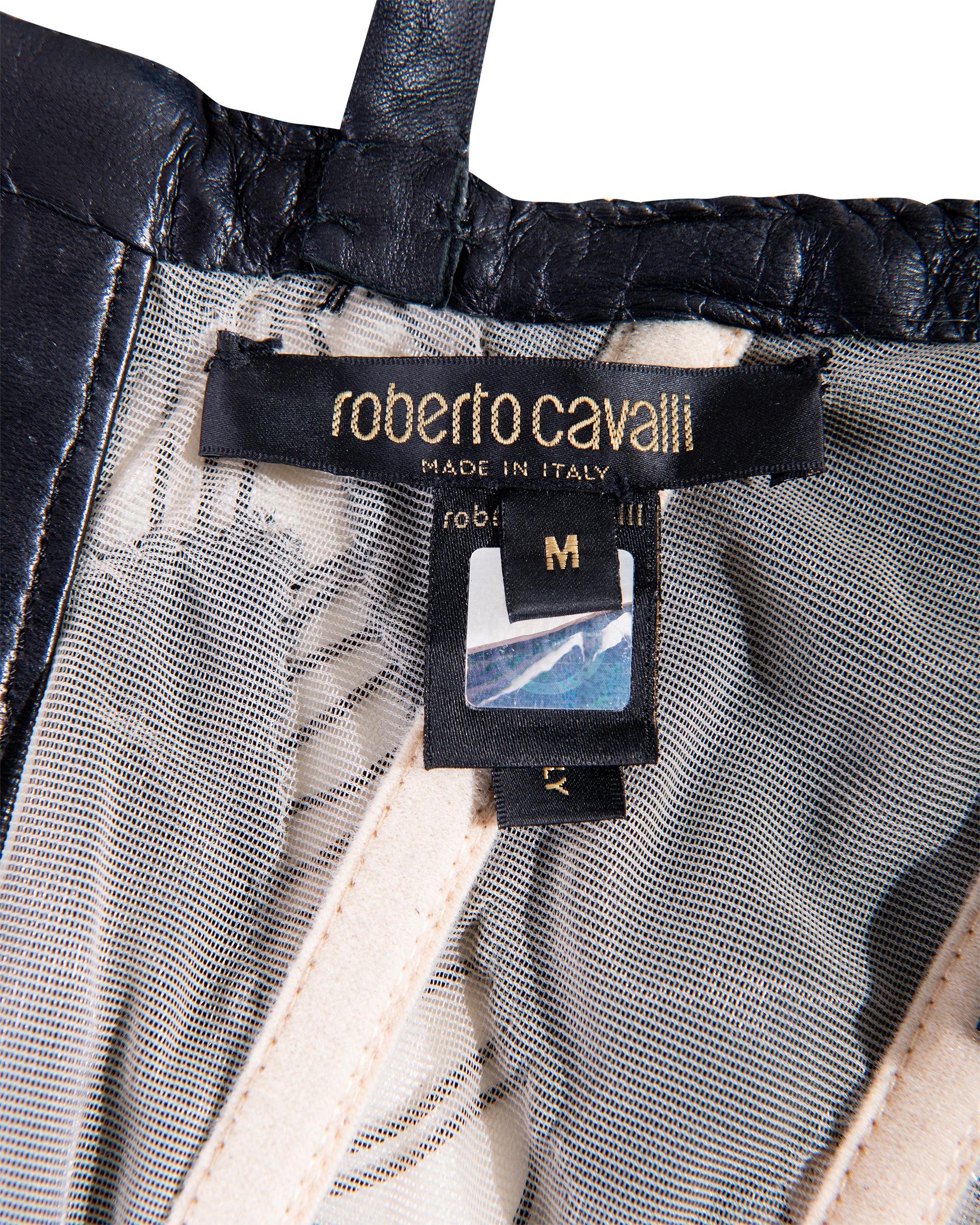 F/S 2004 Roberto Cavalli Geometrisches schwarzes verziertes Lederkorsett-Kleid mit Fransen 8